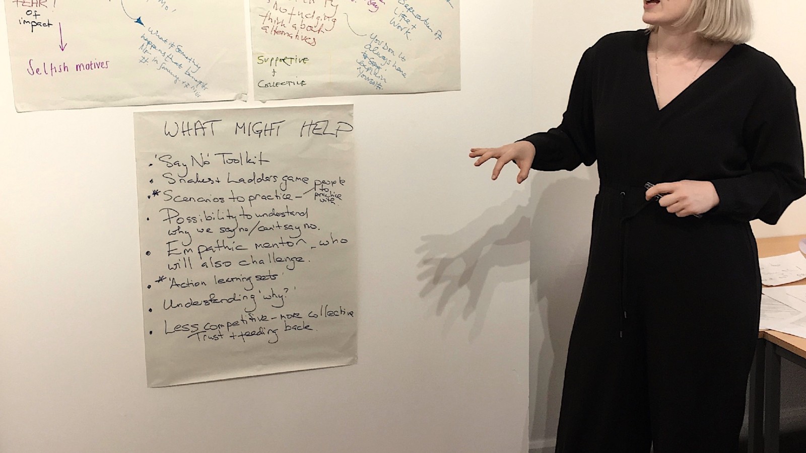 |A woman with a light blonde bob and wearing a black jumpsuit stands looking at 3 mindmaps on the wall behind her.