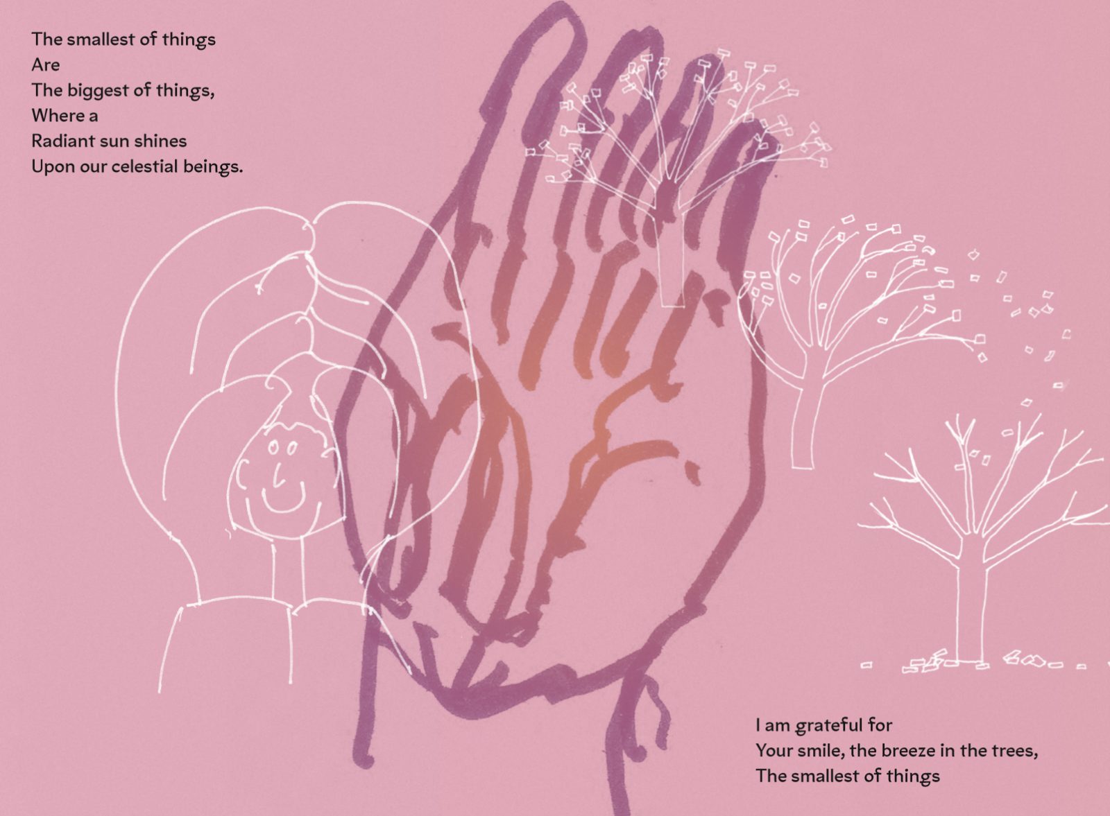 Pink pages of a the Your Make Me Feel Good Newspaper with purple and white line drawings and poetry in black text.