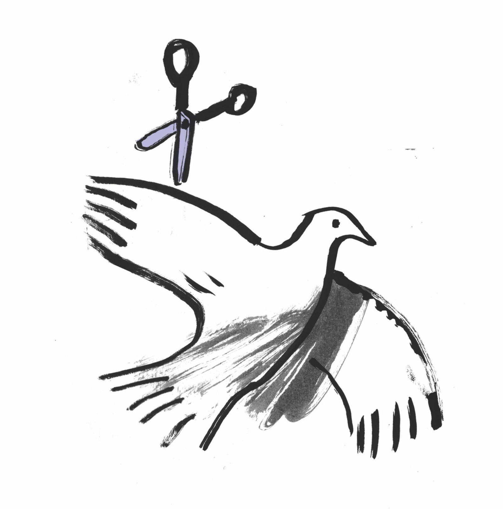 An illustration of a white dove with a pair of scissors about to clip its wing