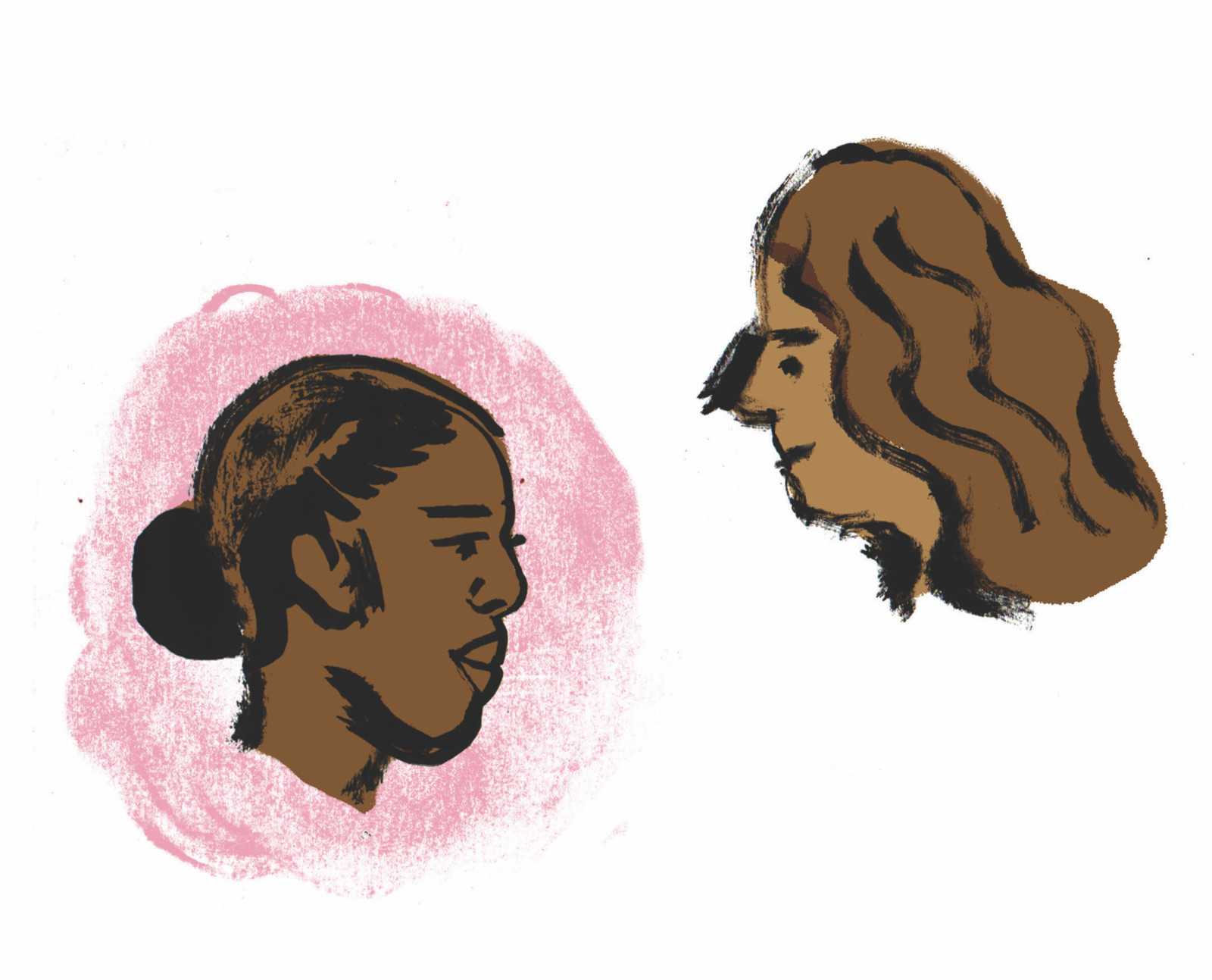 An illustration of two people's heads. One head is suspended in a light pink circle. the heads face each other, smiling. They both have brown skin and dark hair.
