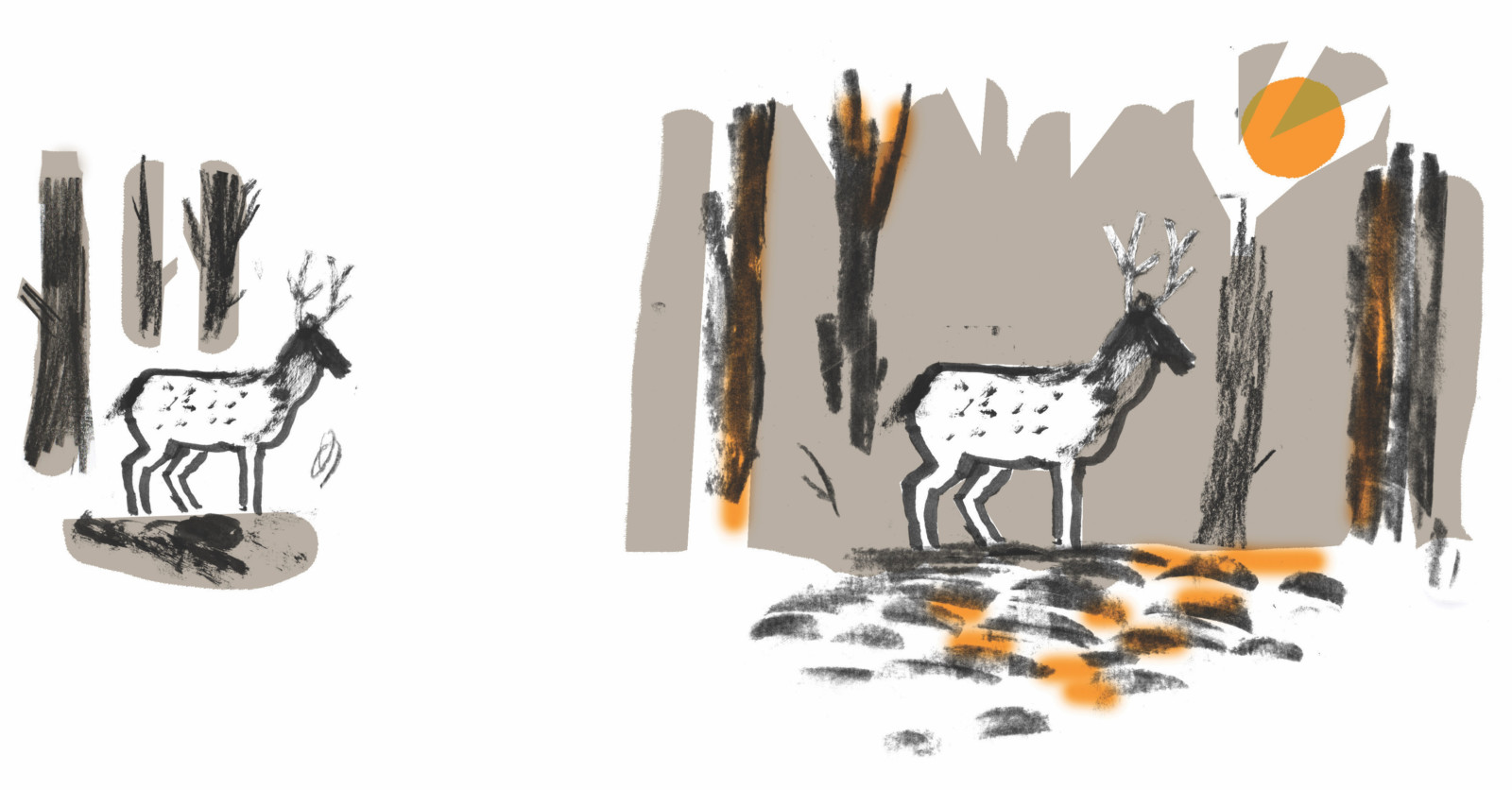 An illustration of two deer in a forest at night