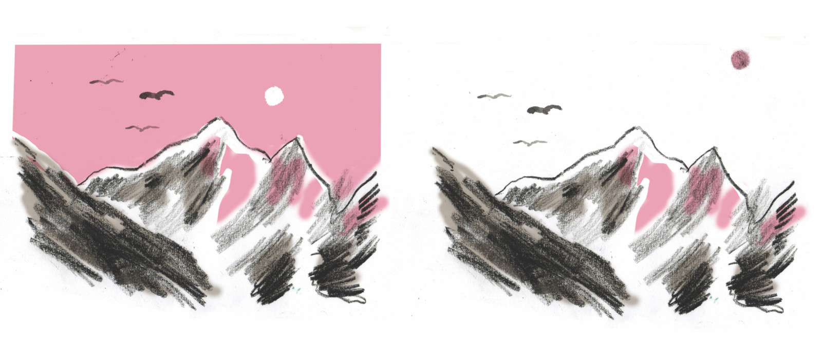 An illustration of two mountains side by side. The mountain on the right sits amidst a light pink sky, whereas the sky behind the mountain on the left is white