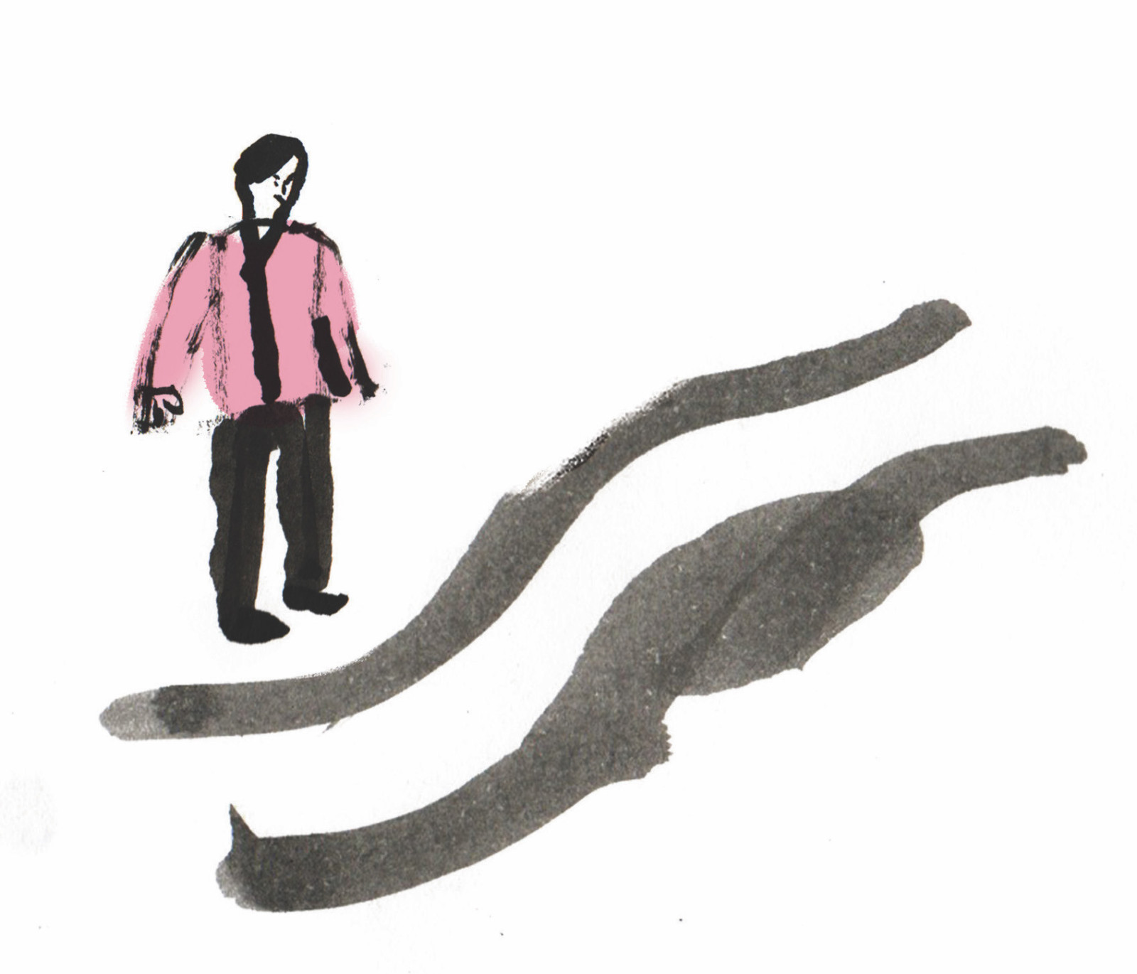 A drawing of a person with a pink jacket stands by a path.