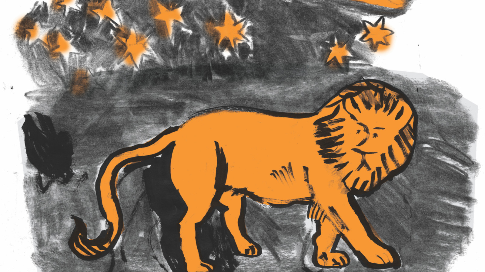 An illustration of a golden lion prowling at night