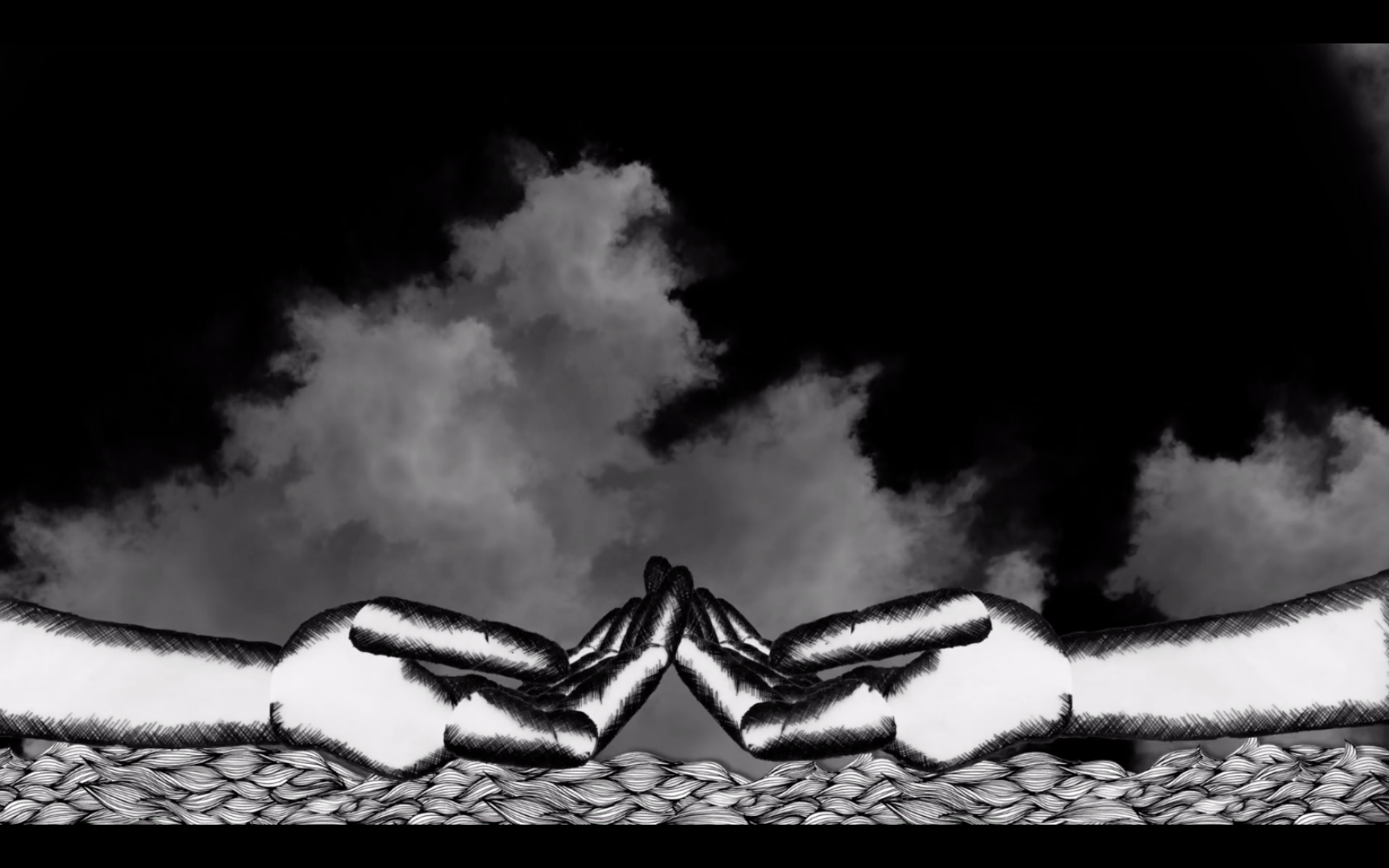 A still from a black and white animation, two hands reach out from opposite sides of the screen, their fingers just touching. Behind them is a landscape of sea and sky.