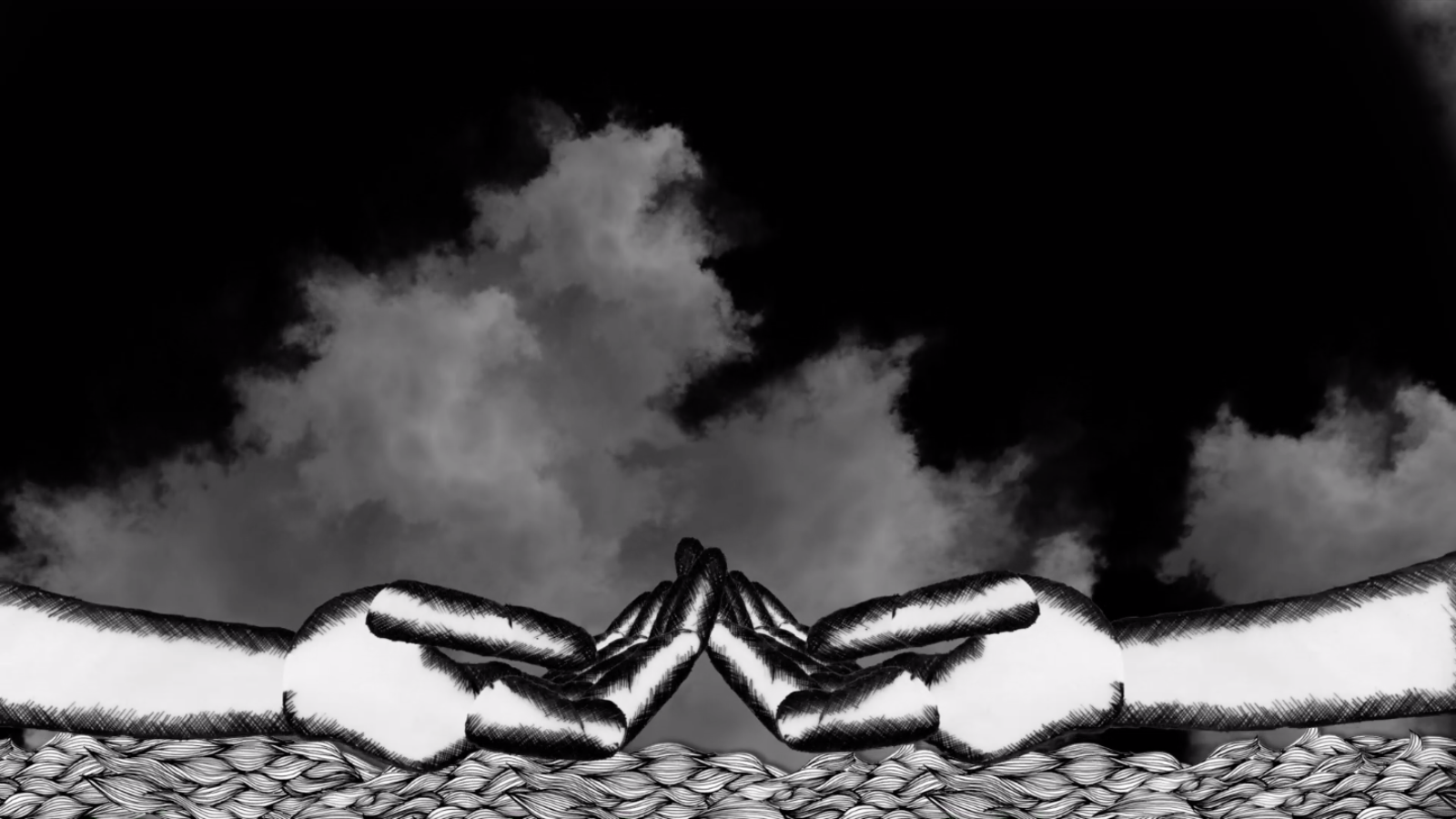 A still from a black and white animation, two hands reach out from opposite sides of the screen, their fingers just touching. Behind them is a landscape of sea and sky.