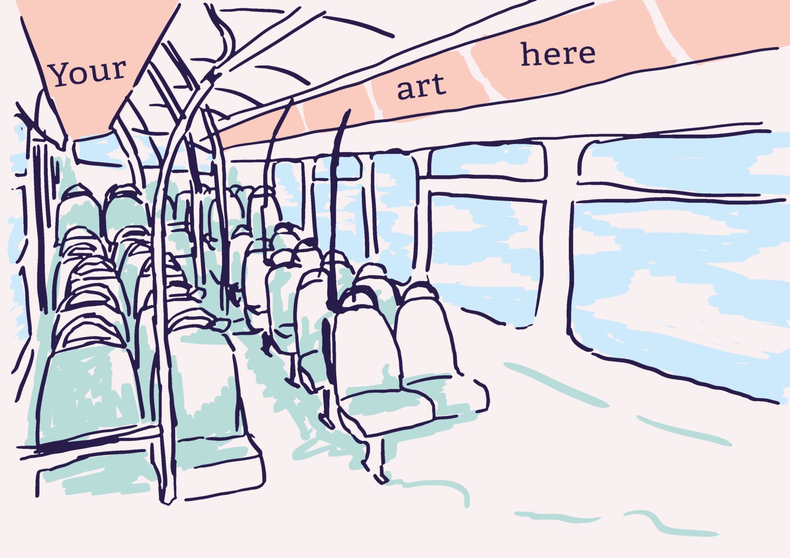 An illustration of the inside of a bus with the coving area highlighted in pink