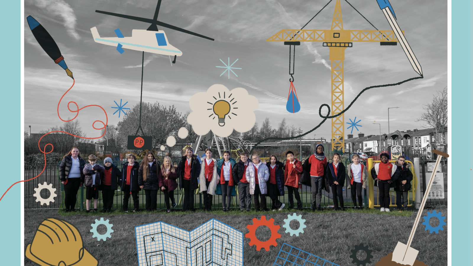 A black and white photograph of a group of children standing in a line in front of a play area. There are colourful illustrations of crane, helicopters, blueprints and other things to do with development over the top of the photoghraph.