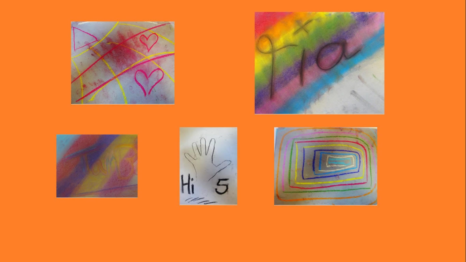 A selection of colourful chalk drawings are displayed on an orange background.