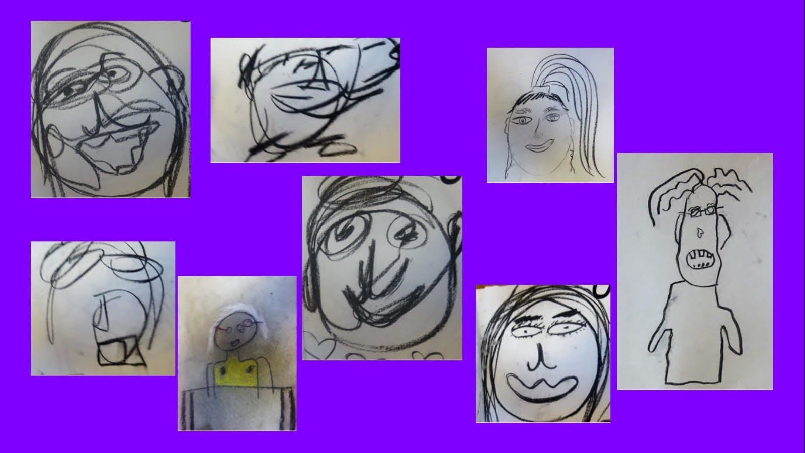 A selection of charcoal portrait drawings are displayed on a purple background.