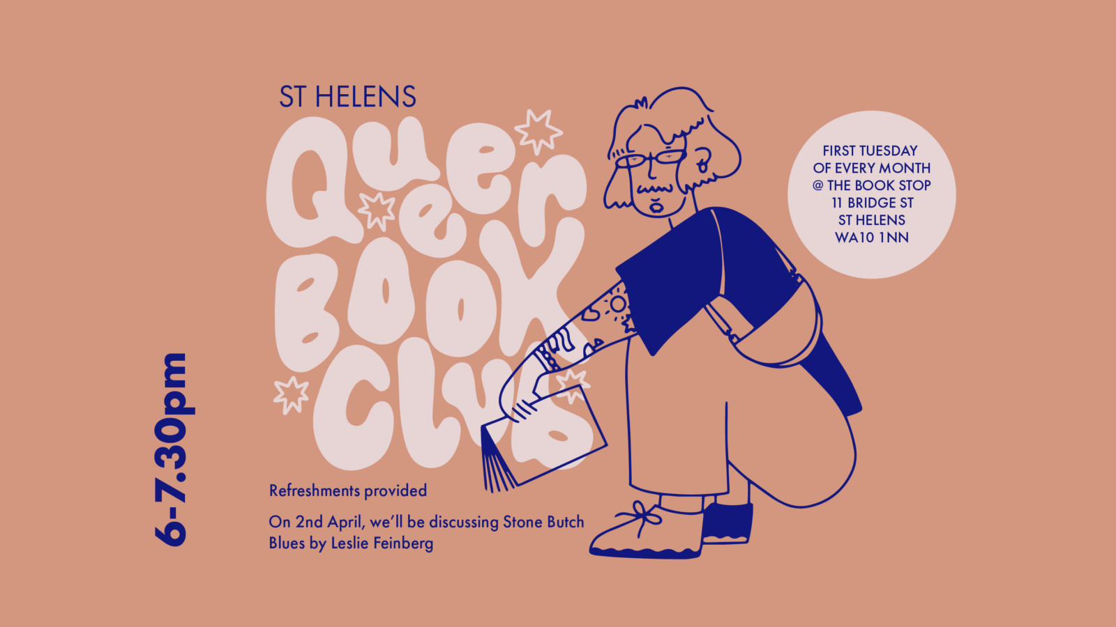 A peach background with illustrated text reading 'Queer Book Club' next to an illustration of a person with tattoos holding a book whilst crouching down.