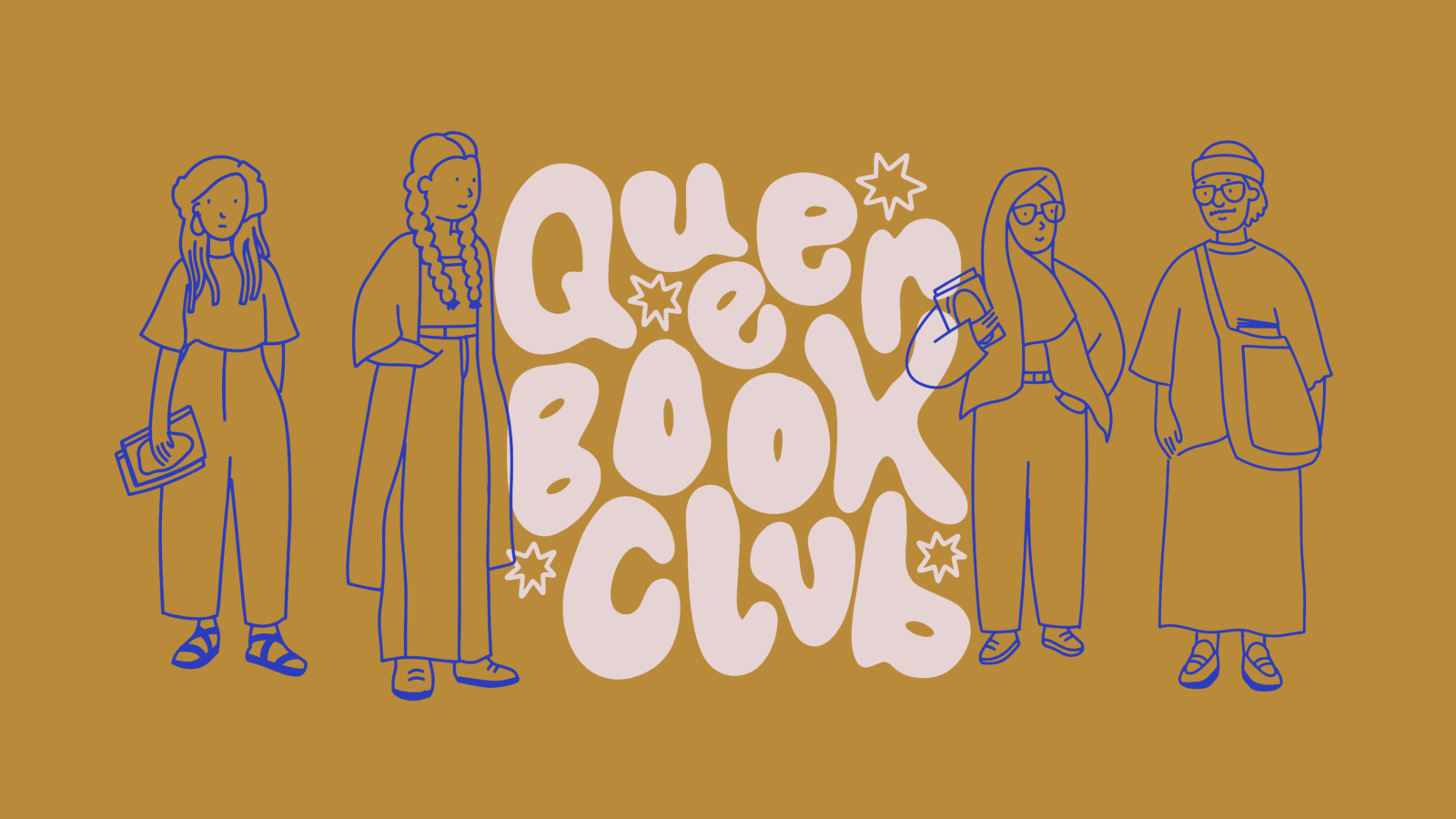 Ochre background with blue illustrations of people, some are holding books, in front of a handwritten title reading 'Queer Book Club' in white.