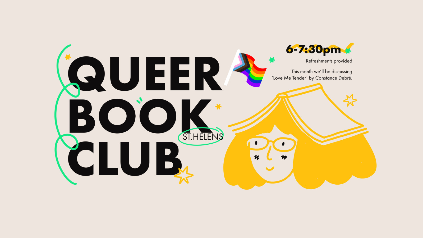 A graphic reading 'QUEER BOOK CLUB' with an illustration of a person with curly hair with a book open upside down on their head.