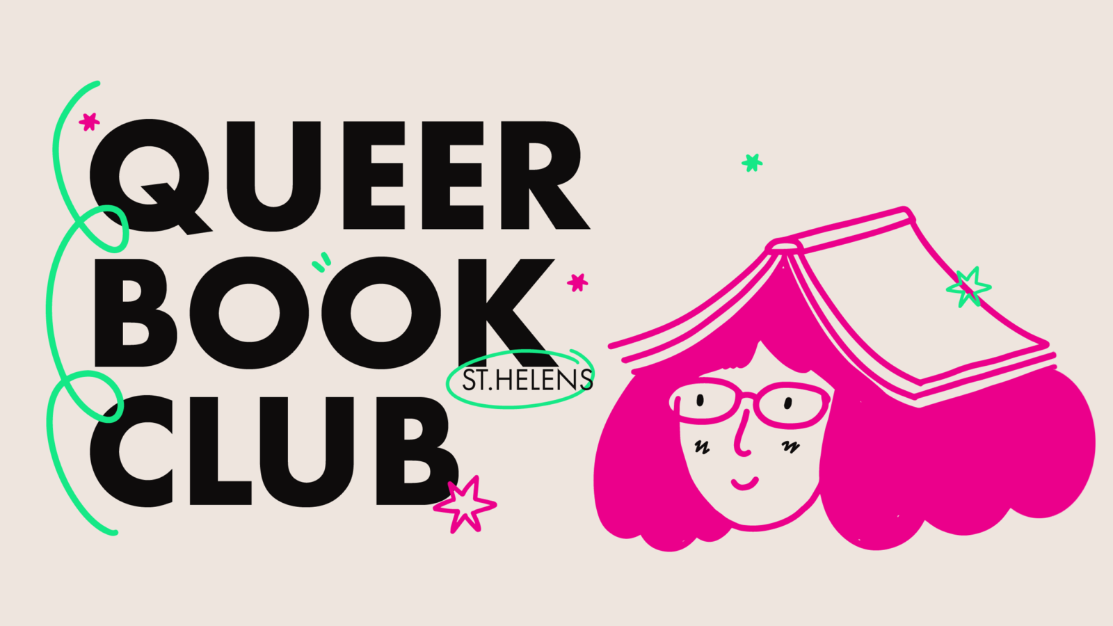 Illustration of a person with bright pink hair and glasses with a book open upside down on their head. The text next to it reads 'Queer Book Club'