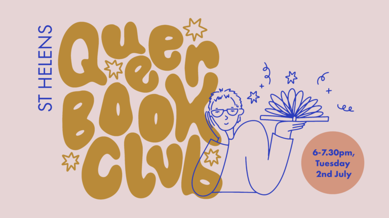 Off white background with Ochre hand drawn text reading 'Queer Book Club' with a blue illustration of a person with short hair holding a book open in the palm of their hand with stars coming out of the pages.