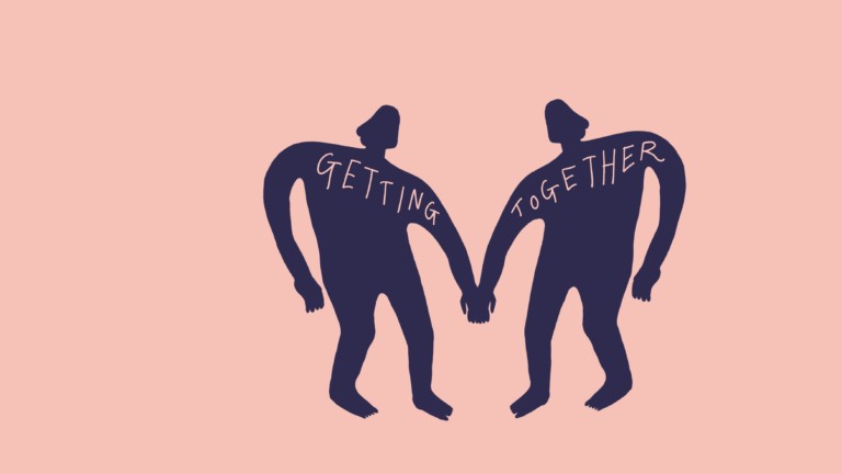 On a light pink background, 2 navy blue silhouettes with shoulder length hair loosely hold hands. In light pink hand written letters, the words 'Getting Together' are written, one word on each silhouette's upper body.