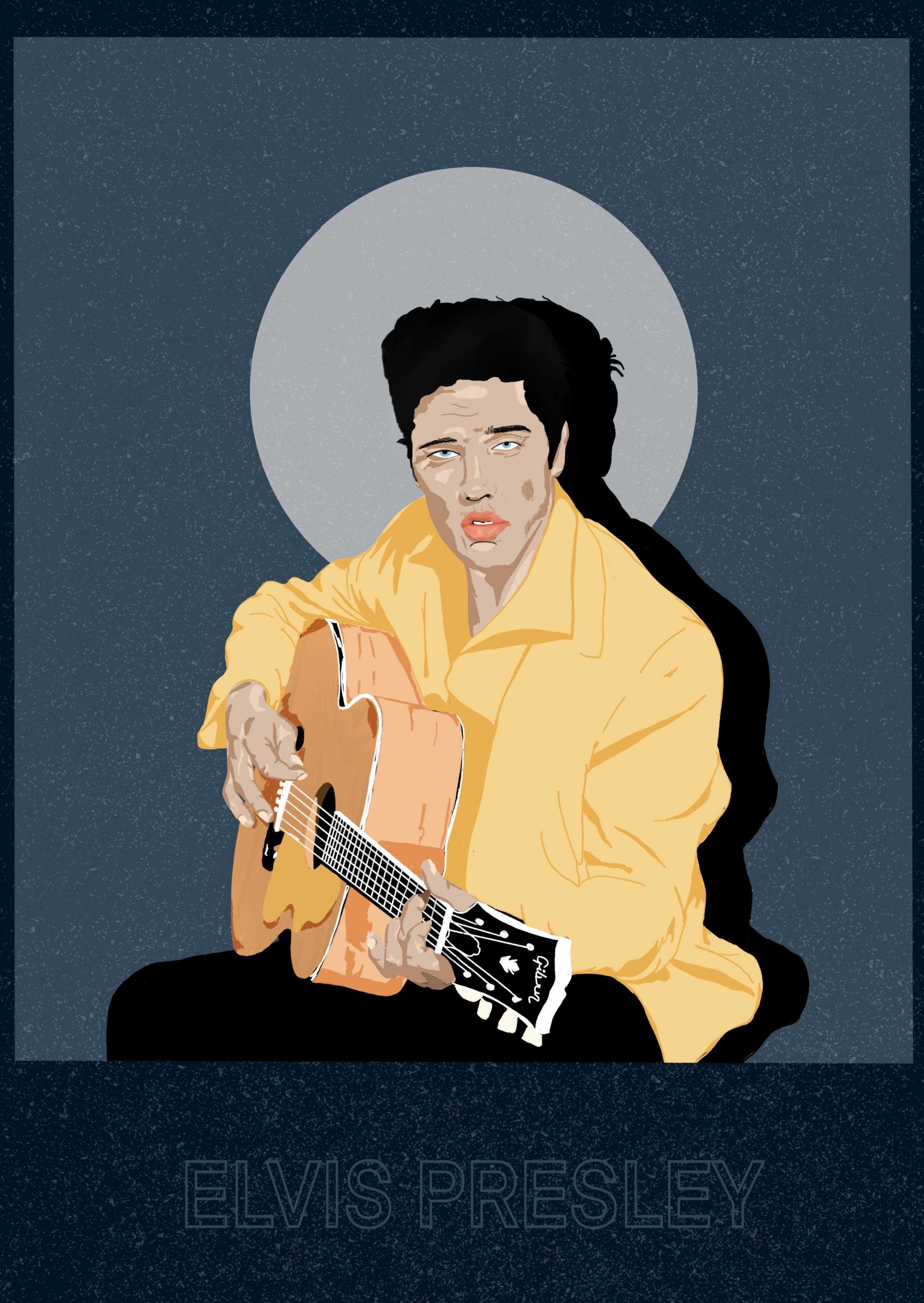 An illustration of Elvis Presley wearing a light yellow jacket and holding a guitar.