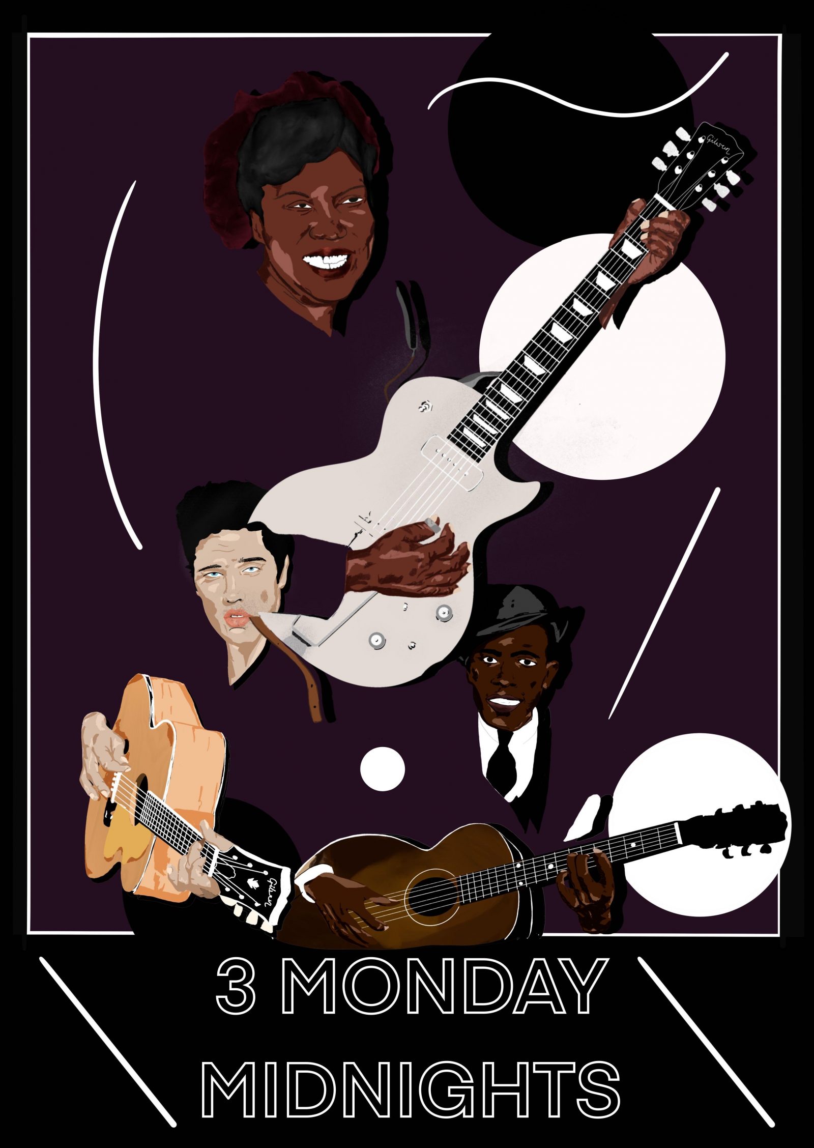 An illustrated collage of Sister Rosetta Tharpe, Robert Johnson and Elvis Presley holding guitars with the words '3 Monday Midnights' in white text underneath.