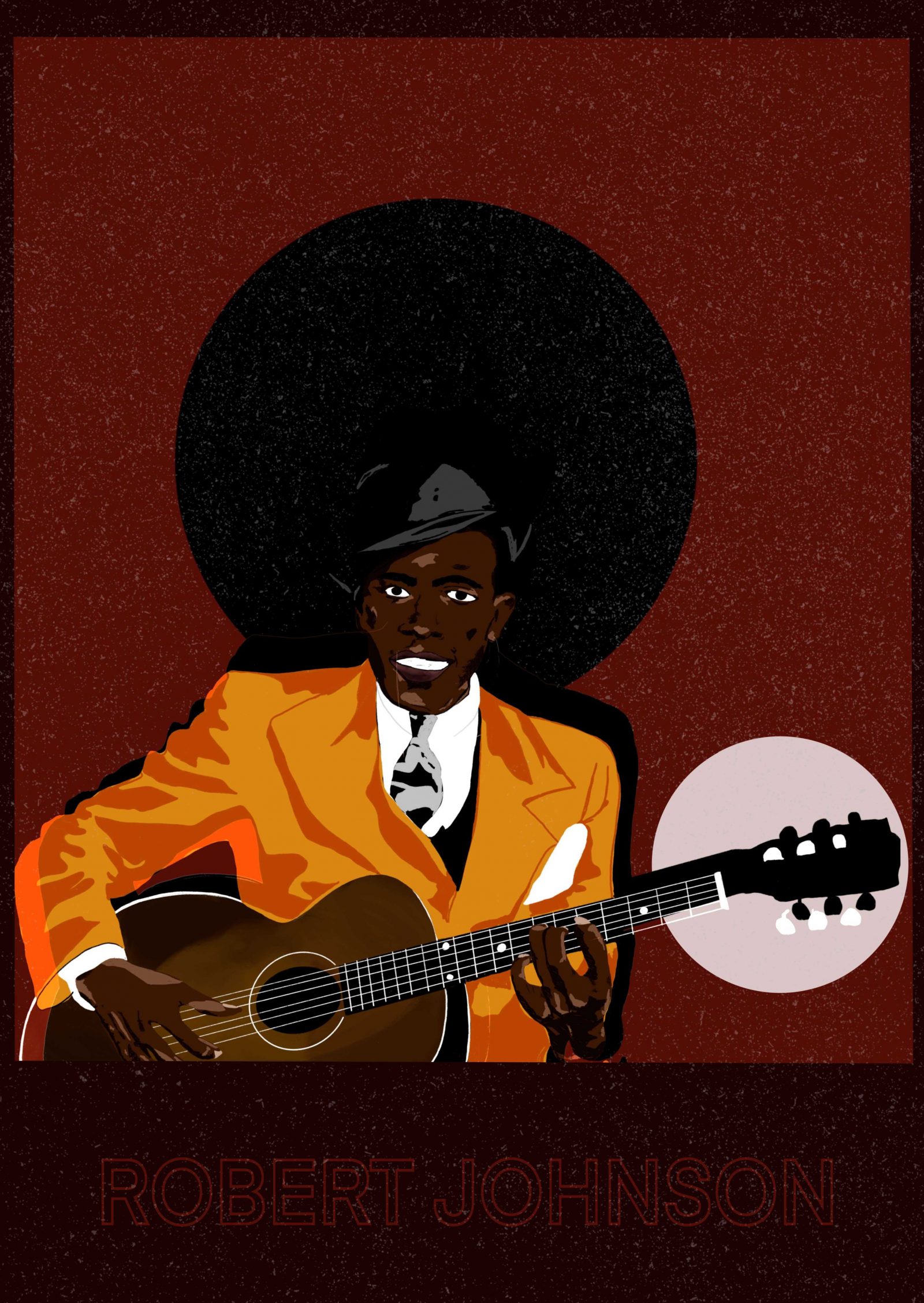 An illustration of Robert Johnson wearing a gold jacket and holding a guitar.