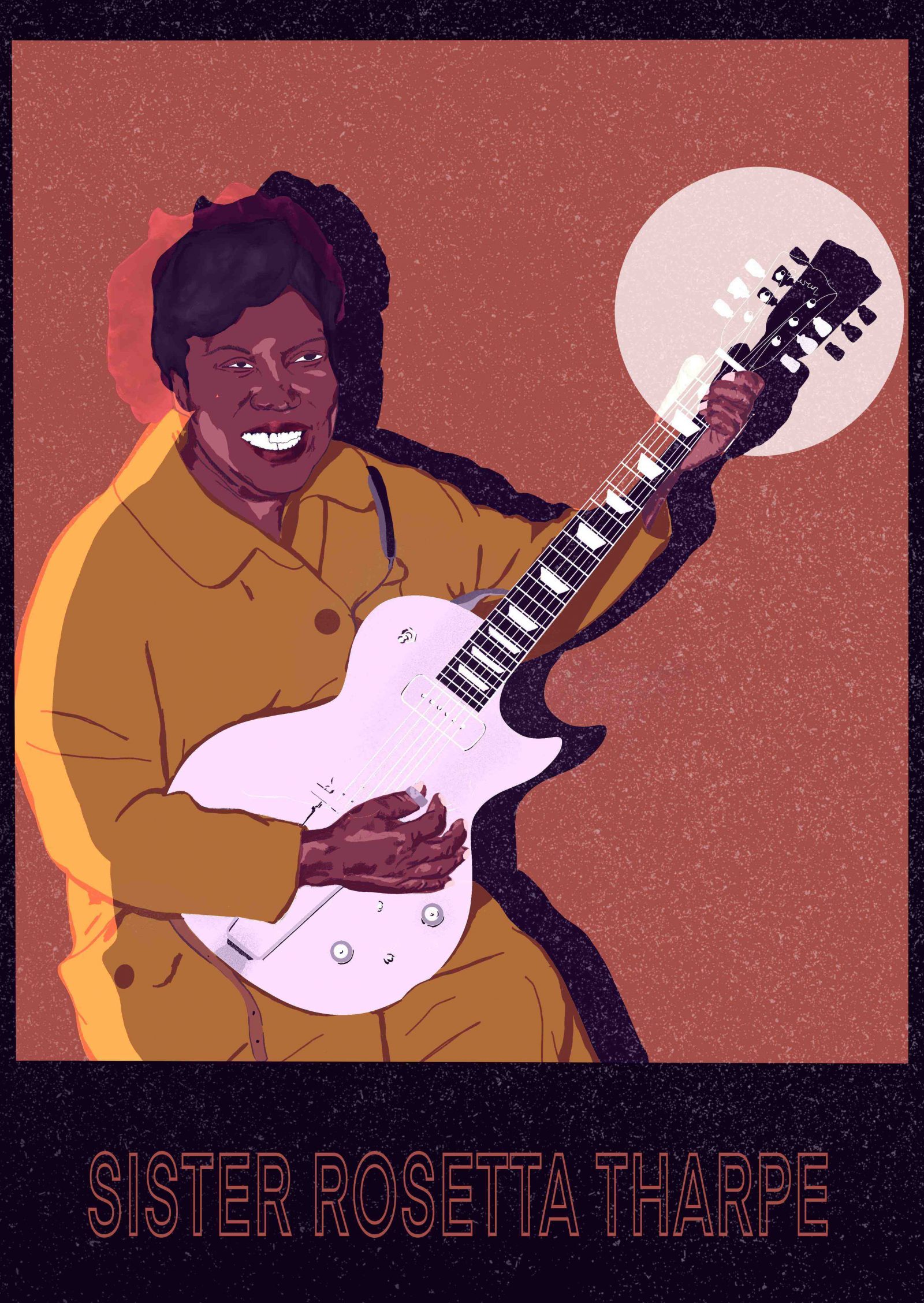 An illustration of Sister Rosetta Tharpe wearing a long mustard coat and holding a guitar.