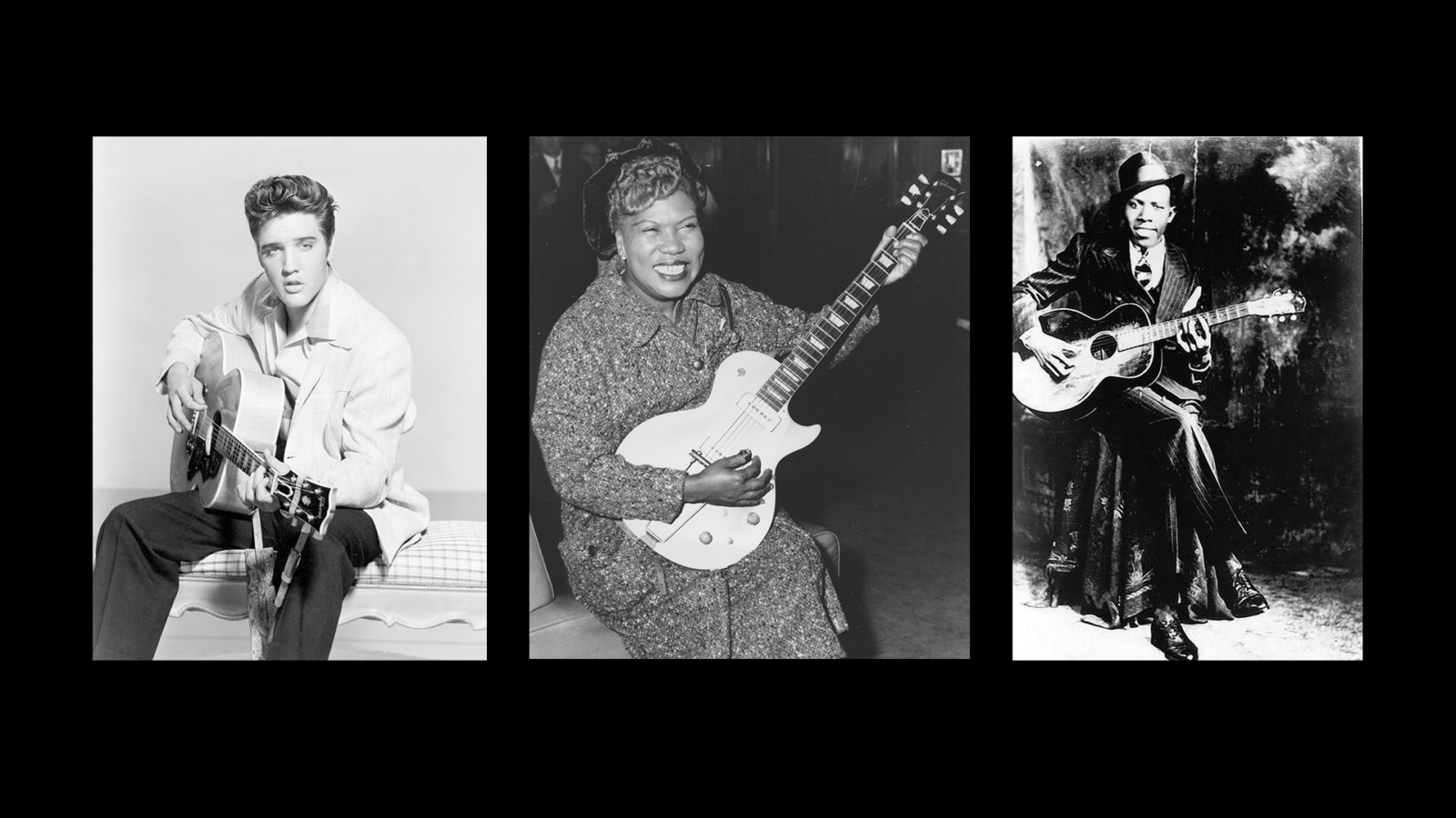 Three black and white images in a row of musicians sitting down holding guitars. From left to right; Elvis Presley Sister Rosetta Tharpe, Robert Johnson.