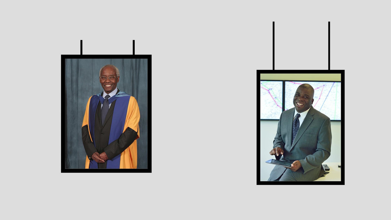 Two images of men in digital frames on a grey background. Each man smiles. One stands wearing a university robe of gold and navy over a dark suit. The other sits on the edge of a desk wearing a grey suit and holding an Ipad.