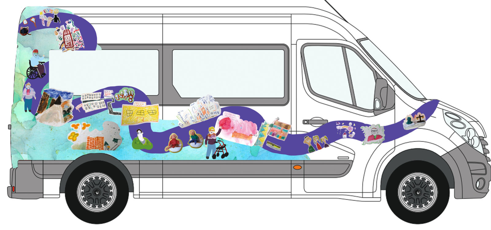 An Illustration of the bus wrap graphic on the Buzz Hub bus.