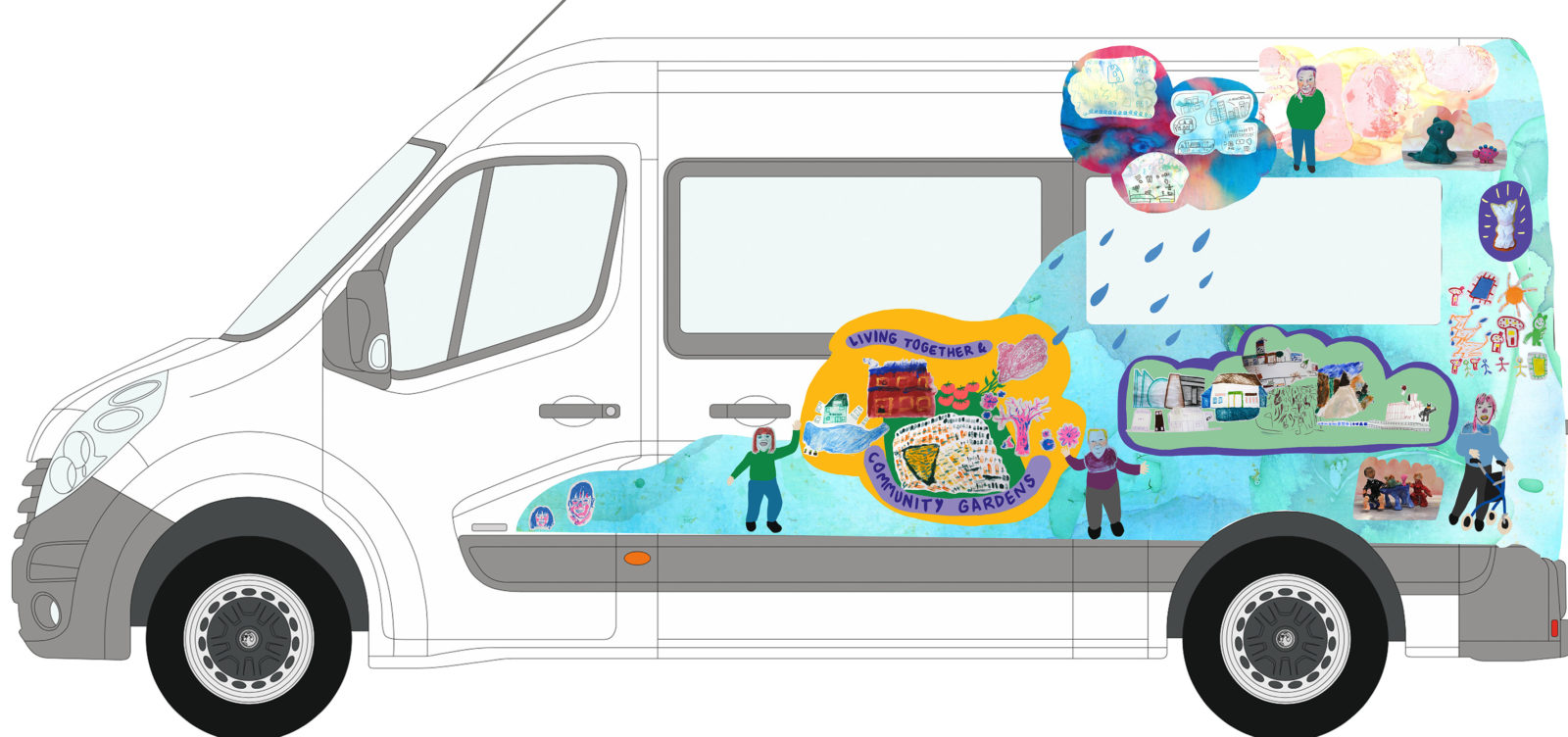 An illustration of the bus wrap graphic on the side of the buzz hub bus.