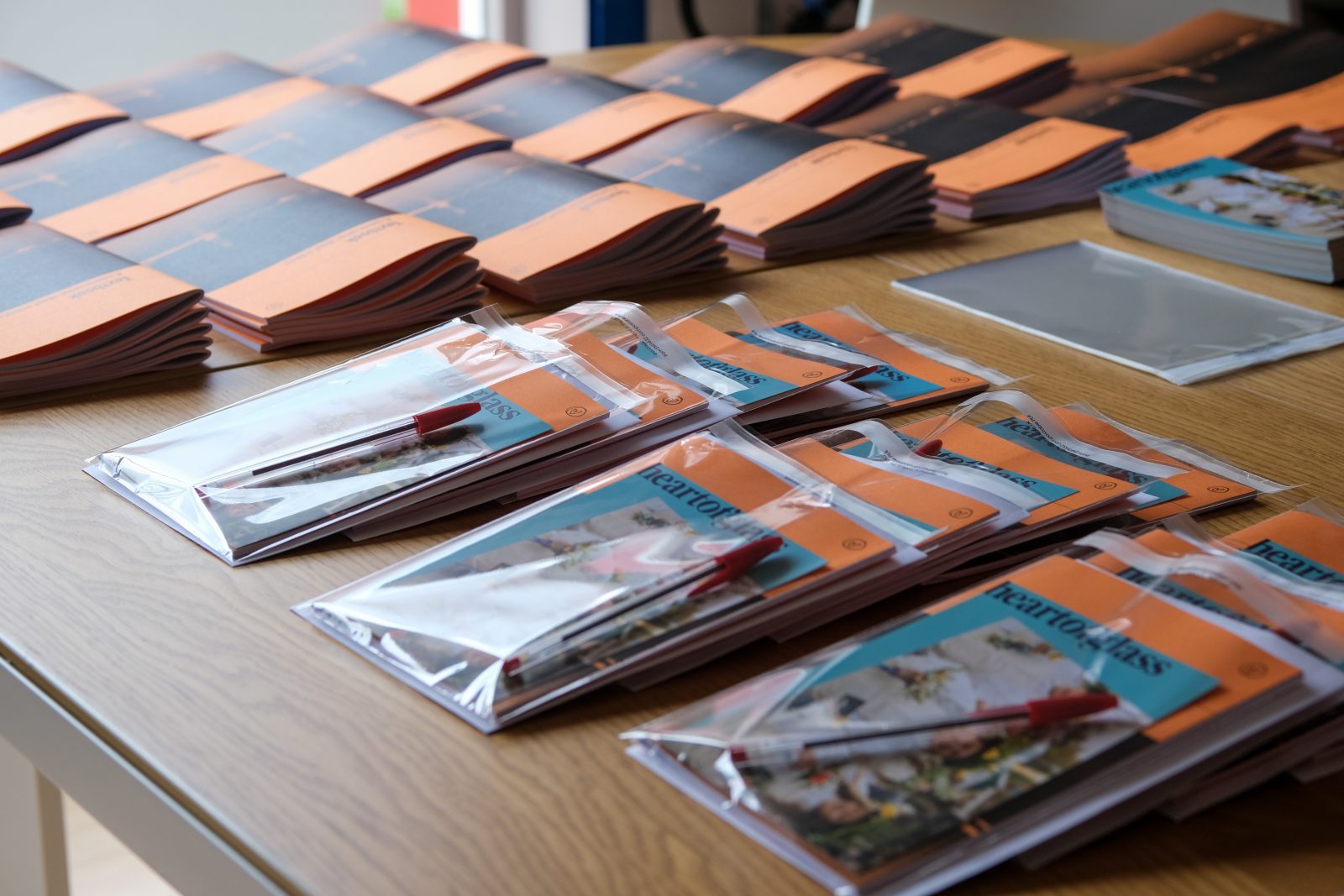 Small piles of Textbook and rows of Textbook packages containing flyers, a red ball point pen and a copy of textbook are load out on top of a table.