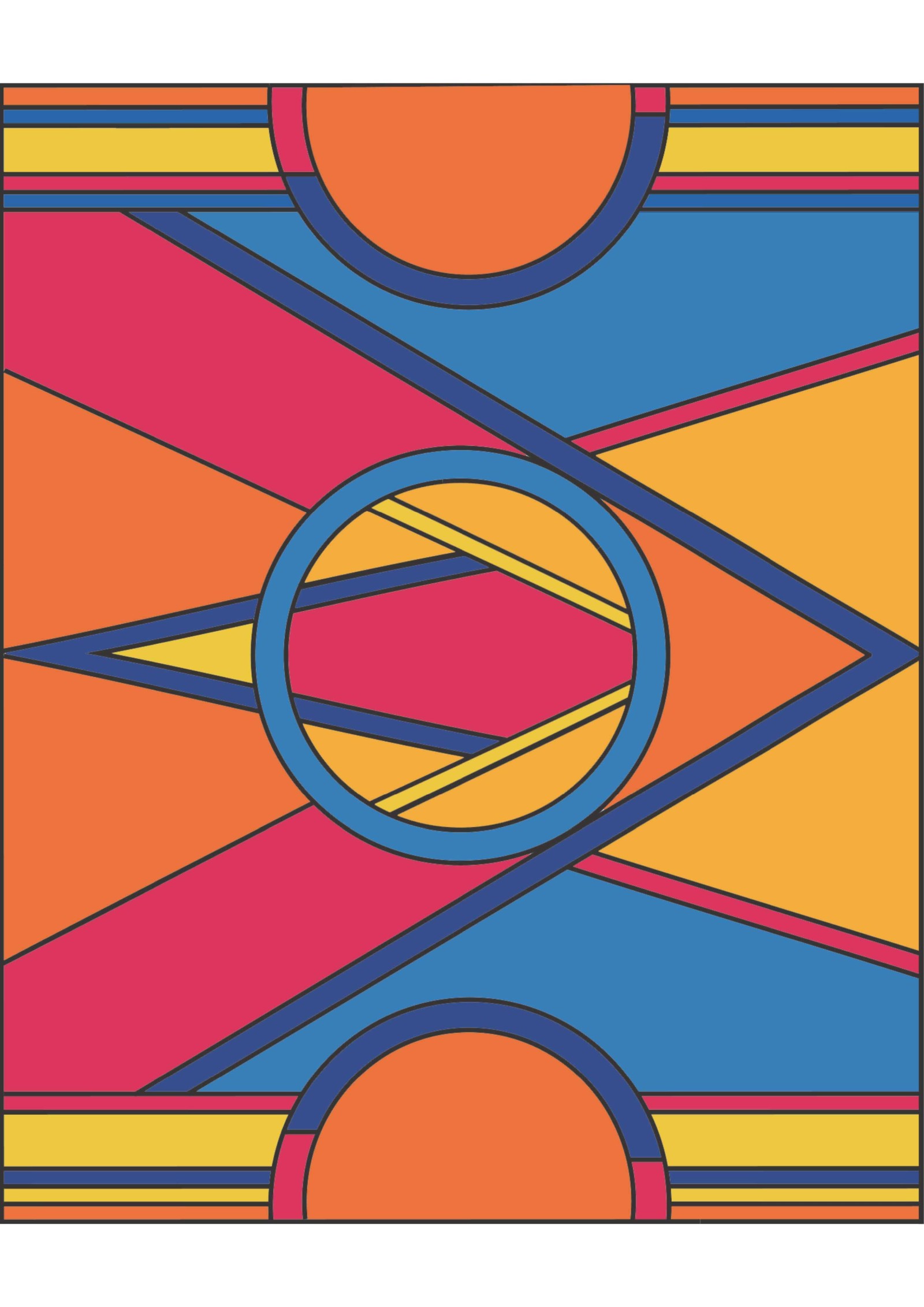 A bright, colourful pattern with straight lines, triangles and circles.