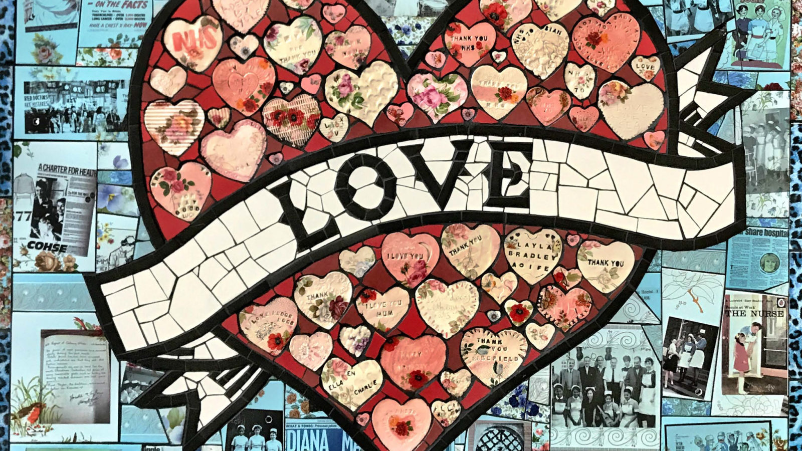 Mosaic by Carrie Reichardt that reads 'Love' on a banner in front of a red mosaic heart, on a light blue mosaic background.