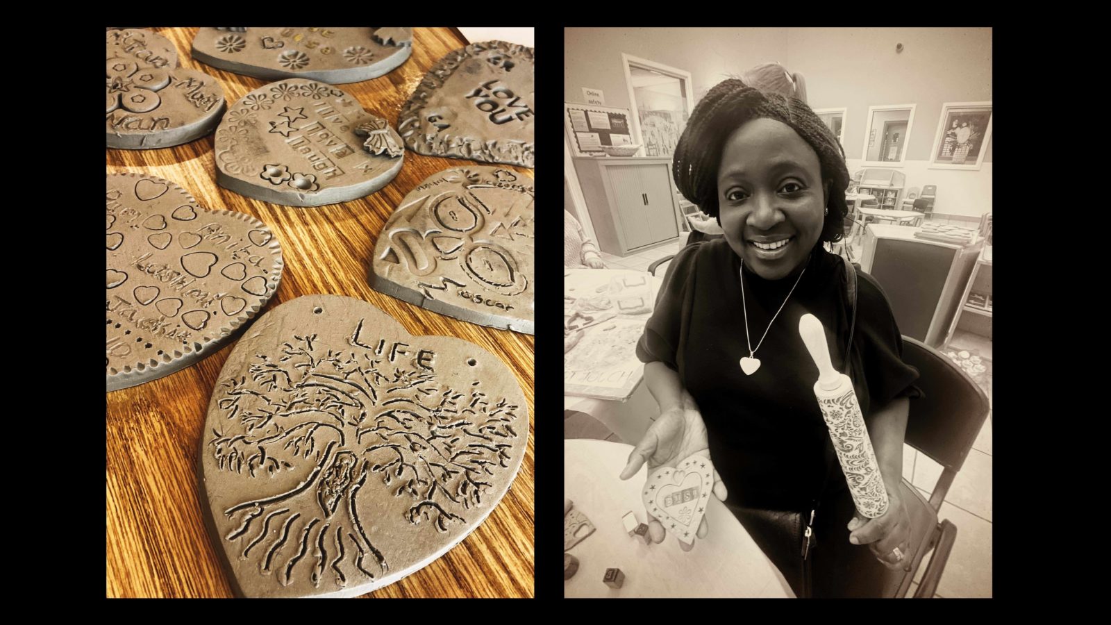 On the left is an image of some unfired clay hearts, and on the right is an image of councillor Bisi Osundeko holding a clay heart and a rolling pin, smiling at the camera.