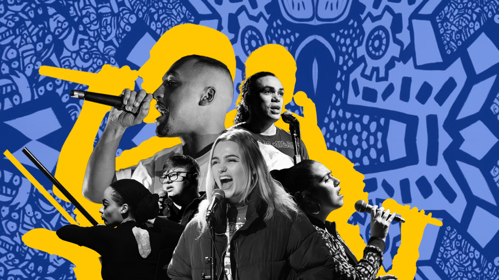 Black and white images of the artists performing, with a digitally made silhouette on a blue abstract patterned background.