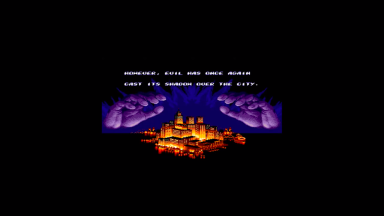 An 8 bit style video game screen shows two blue hands hovering over a cityscape with the words 'However, evil has once again cast it's shadow over the city'.