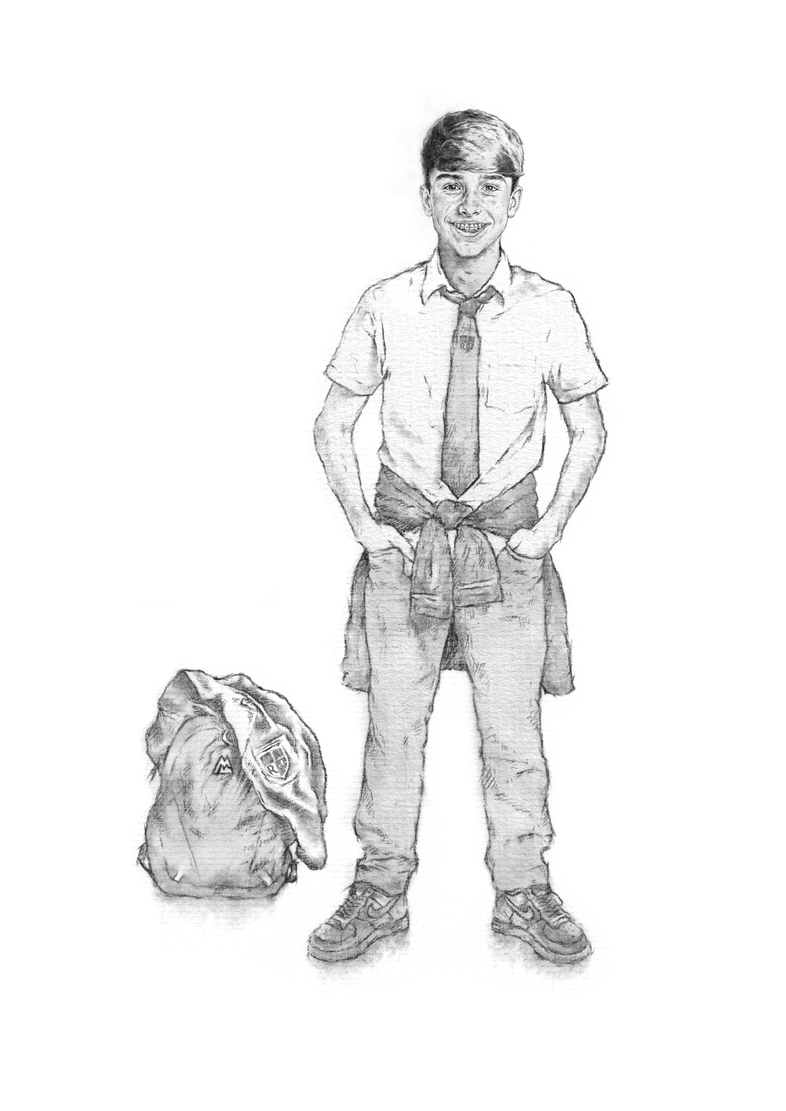 A pencil illustration on white background of a teenage boy wearing school uniform and with his school bag and blazer on the ground next to him. He is smiling and had his hands in his pockets. The boy is Jacob