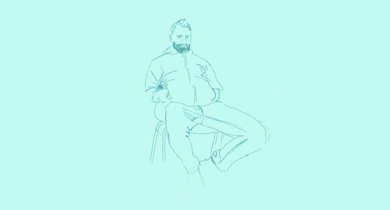 A hand drawn illustration of a young man wearing a tracksuit top, slouched in a chair