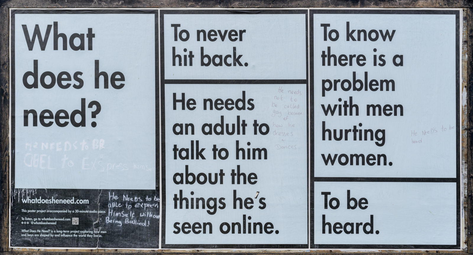 A series of black and white text based posters on an  outdoor wall asking "what does he need?"