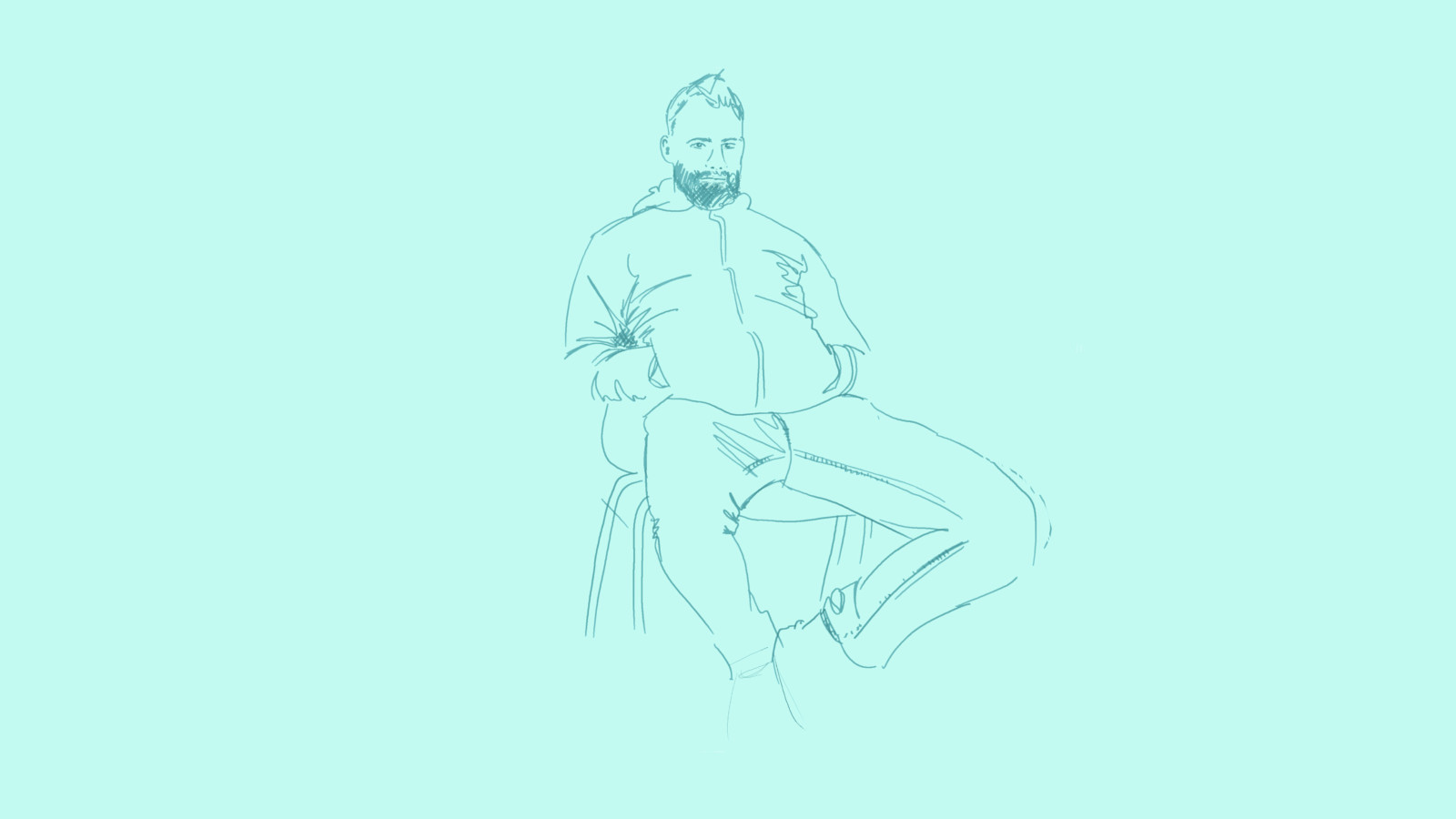 A hand drawn illustration of a young man wearing a tracksuit top, slouched in a chair