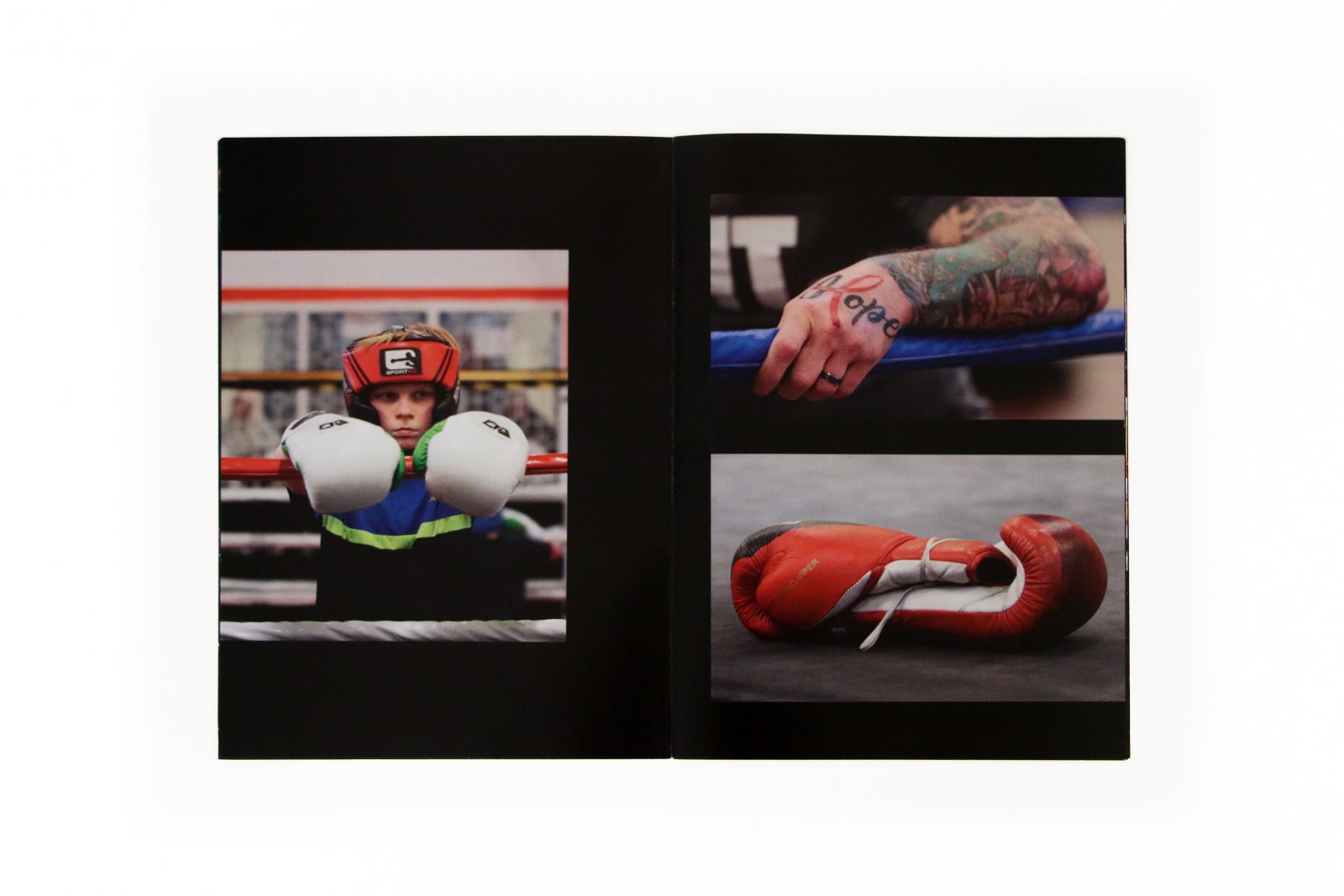 A collection of images, a young woman in boxing kit, a tattooed arm and a boxing glove.