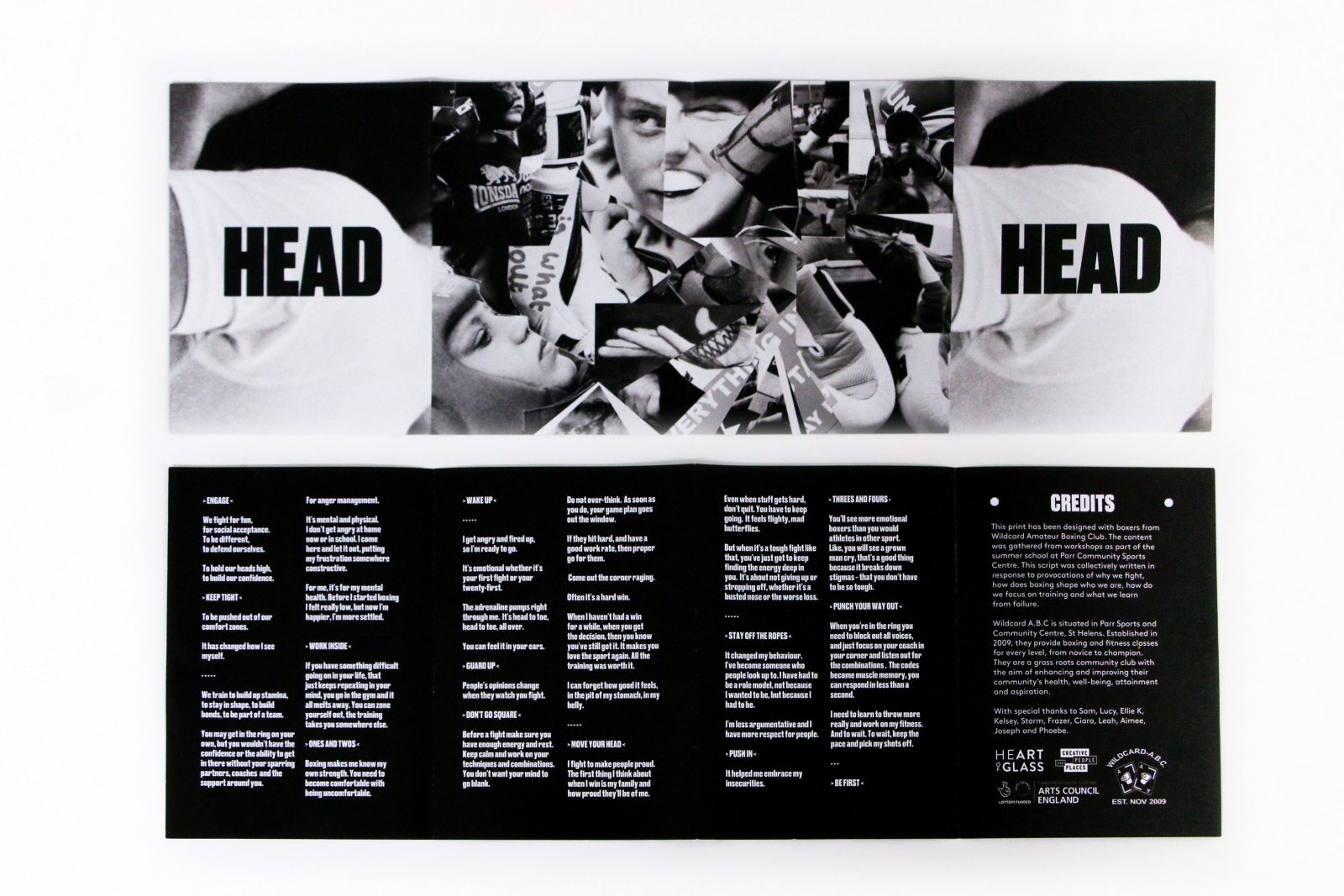 A black and white magazine spread image including a collage of faces and a large amount of text.