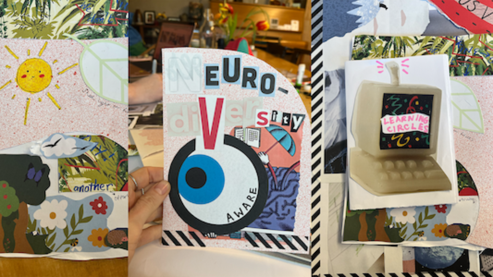 Photograph of various collaged artworks featuring flowers, computer screens, a cartoon eyeball and a sun