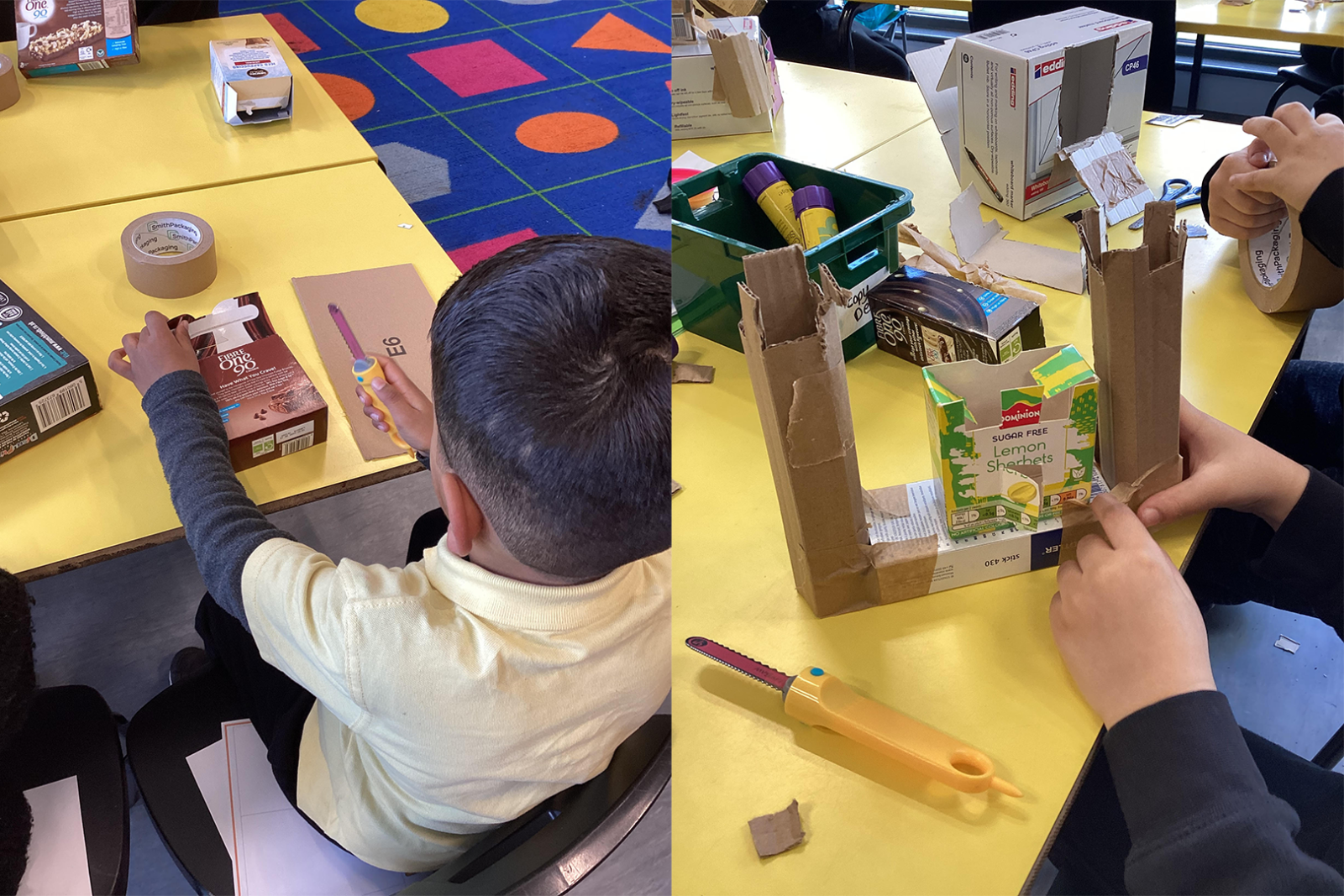 Photographs of children making structures out of cardboard boxes, using tape and glue