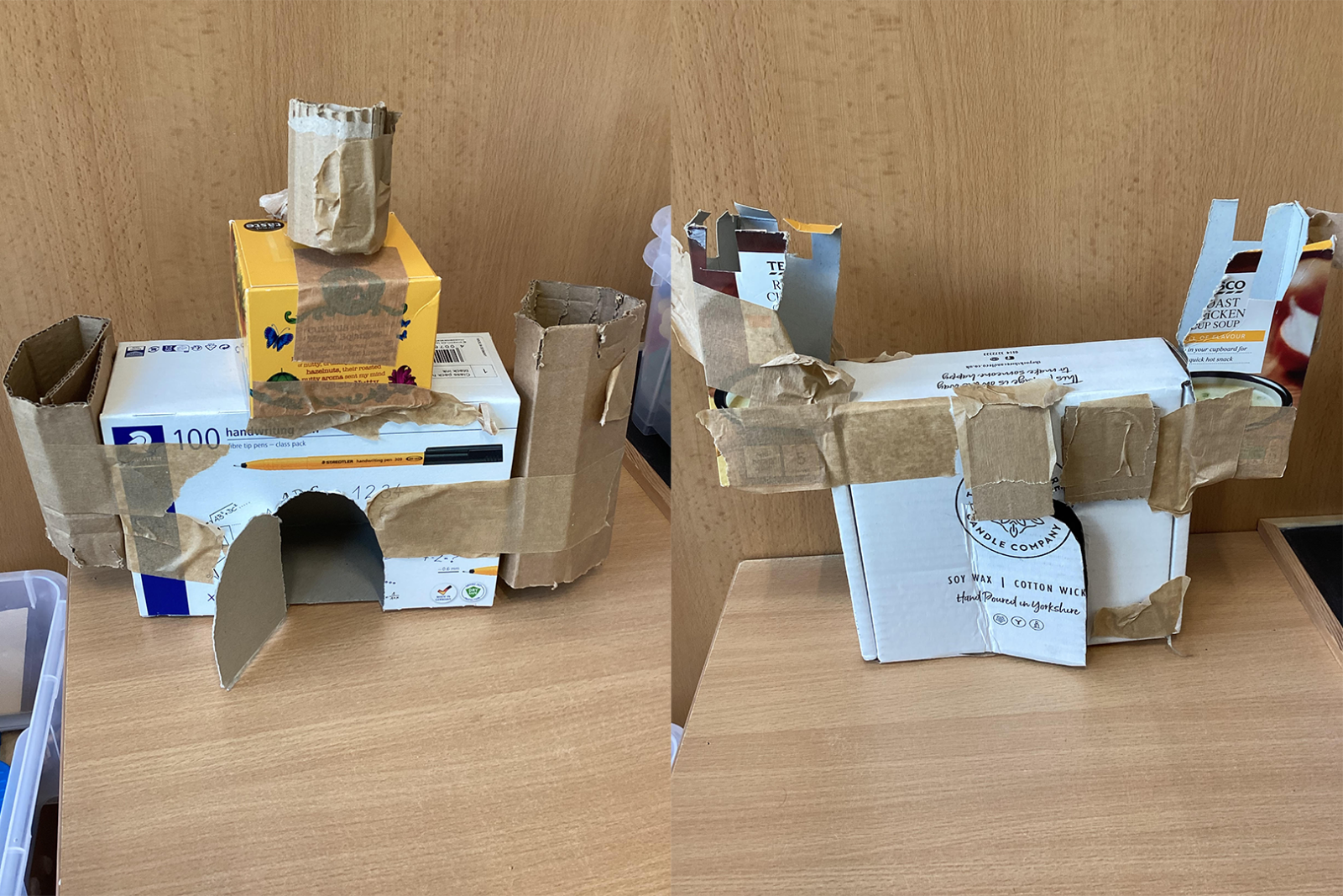 Photographs of children making structures out of cardboard boxes, using tape and glue