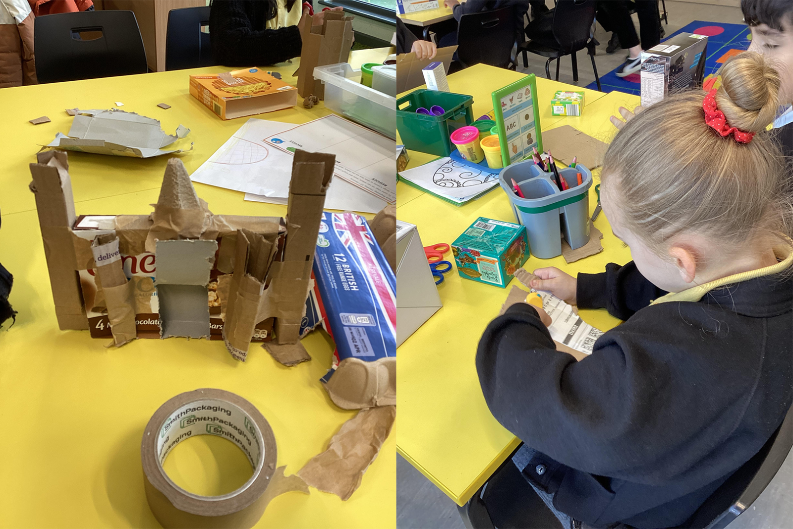 Photographs of children making structures out of cardboard boxes, using tape and glue