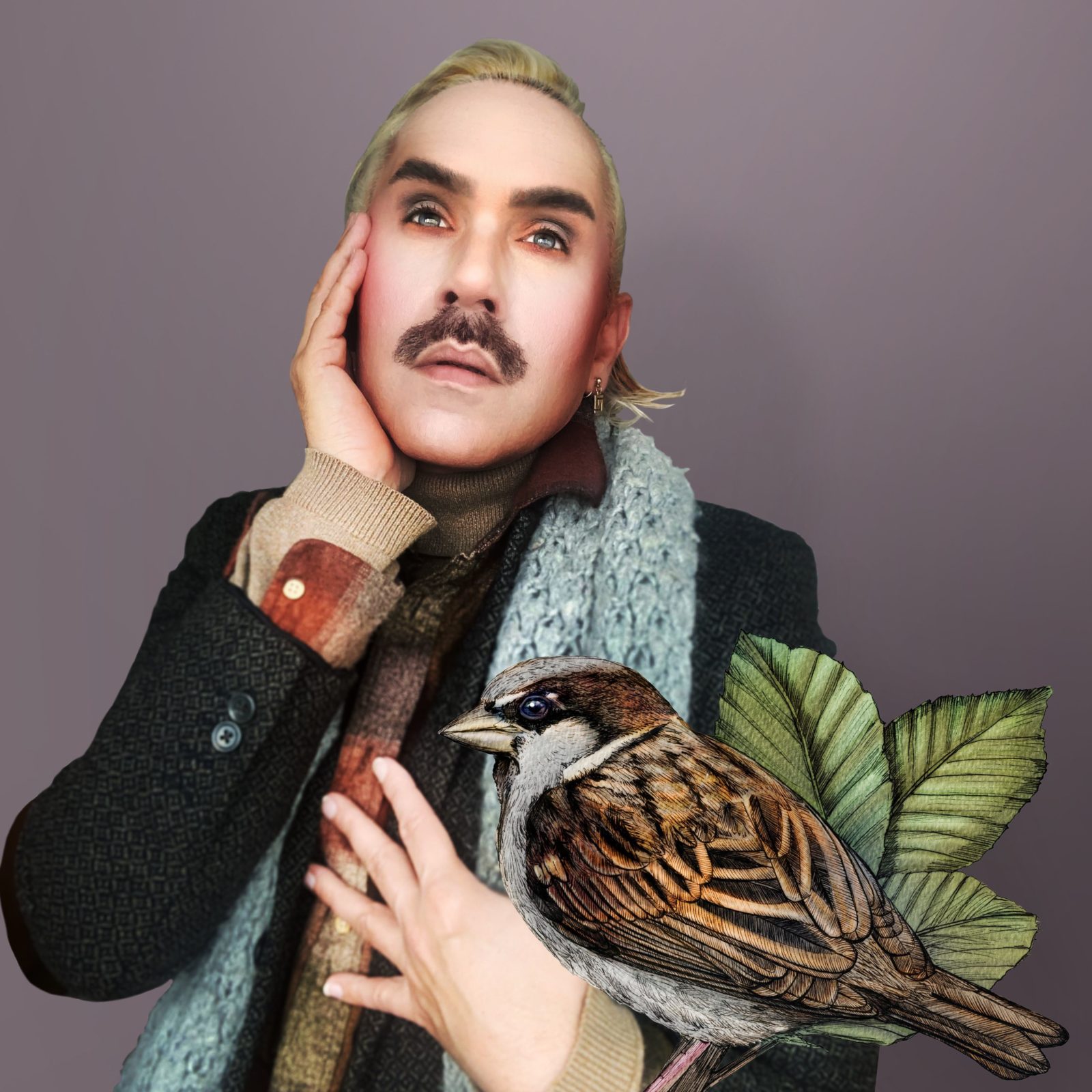 Paul Harfleet dressed up as a Sparrow, he has blonde slicked back hair tucked behind his ears, light smokey eye shadow, and is wearing a tweed jacket and light blue knitted scarf. In front of him is a detailed illustration of the bird.