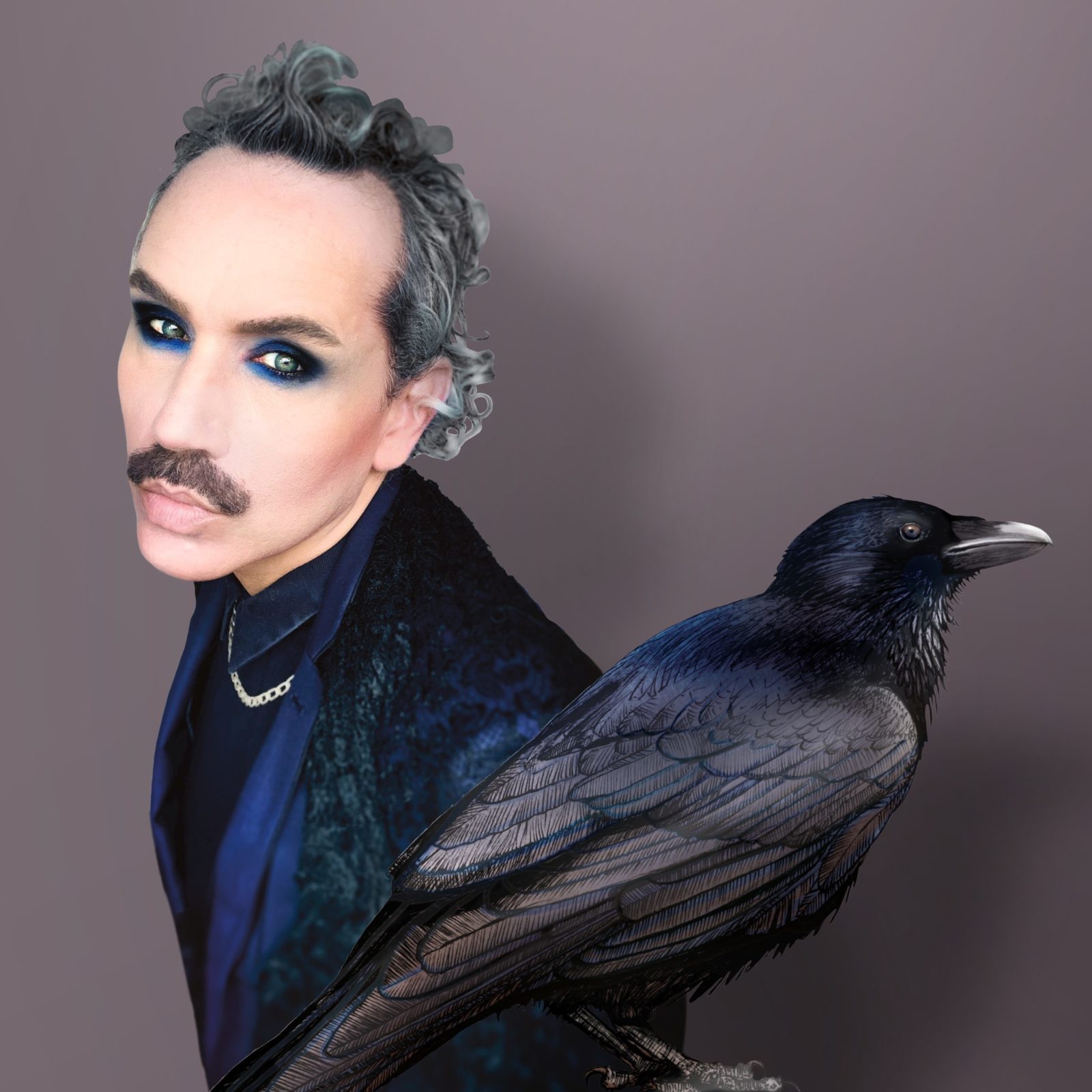 Paul Harfleet is dressed as a Raven, his hair is tightly curled back and he wears black eyeshadow with electric blue accents. He is wearing a dark blue/green suit jacket and a black shirt. A detailed illustration on a Raven is in front of him.