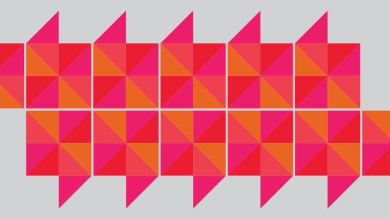 A colourful geometric graphic with red, pink and orange colours.