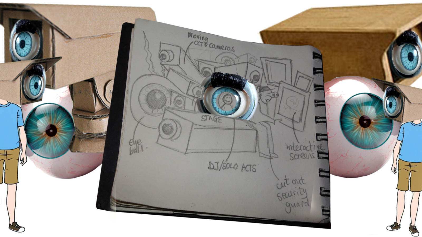 A collage, showing a sketch book in the middle with drawing of CCTV cameras and eye balls. Behind the sketch book are two cardboard CCTV Cameras with eyeballs in place of lenses. More large eyeballs are dotted around and two drawings of a person with cardboard CCTV cameras in place of their heads.