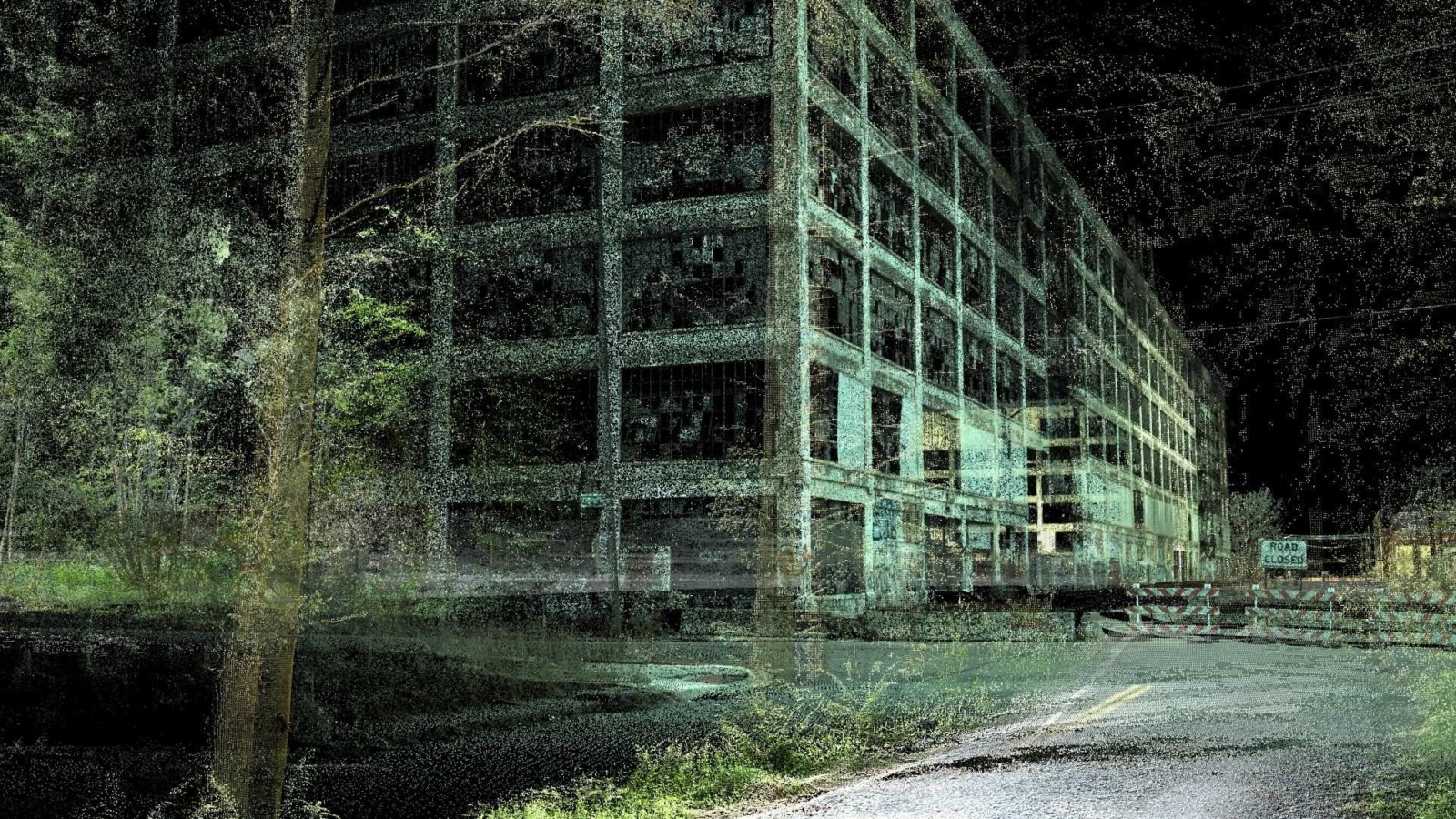 A graphically designed image of a large building next to a road. The image is black and green and looks like night time.