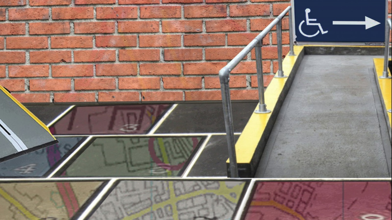 A collage shows a brick wall as a background. A concrete ramp with a wheelchair sign at the top and and arrow pointing to the right. The whole ground is made up of multicoloured, numbered squares like a board game.